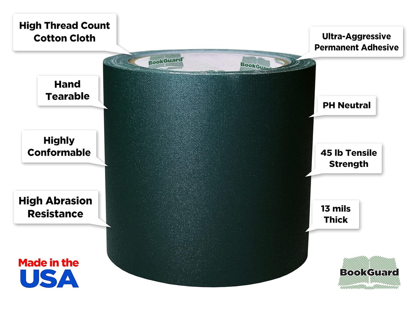 BookGuard 4 inch Premium Bookbinding Repair Cloth Tape, 15 Yard Roll, Forest Green