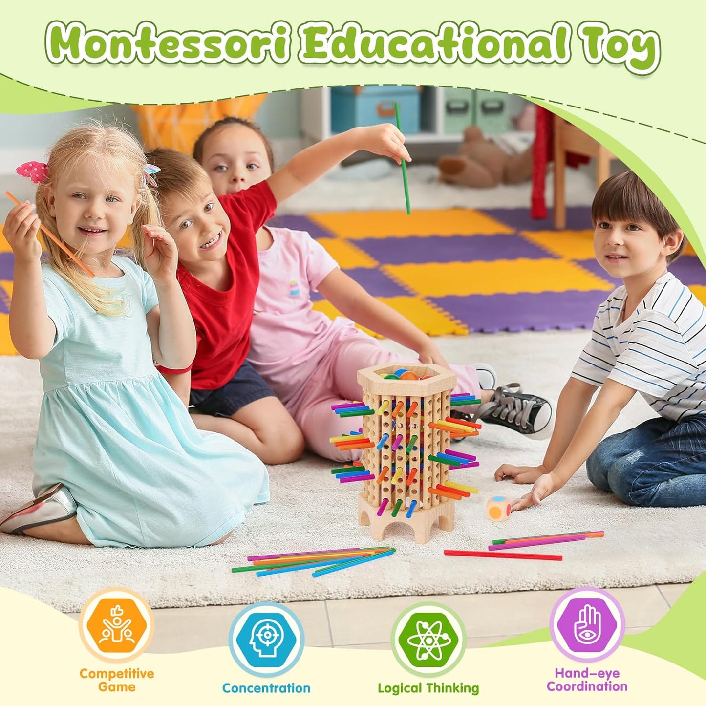 Montessori Game Wooden Board Game, 36 Colorful Wooden Sticks Dice Game, Math Educational Toy for 3 4 5 6 Year Olds, Fine Motor Skills Toy Classic Tower Game for Family Night Gift for Boys Girls