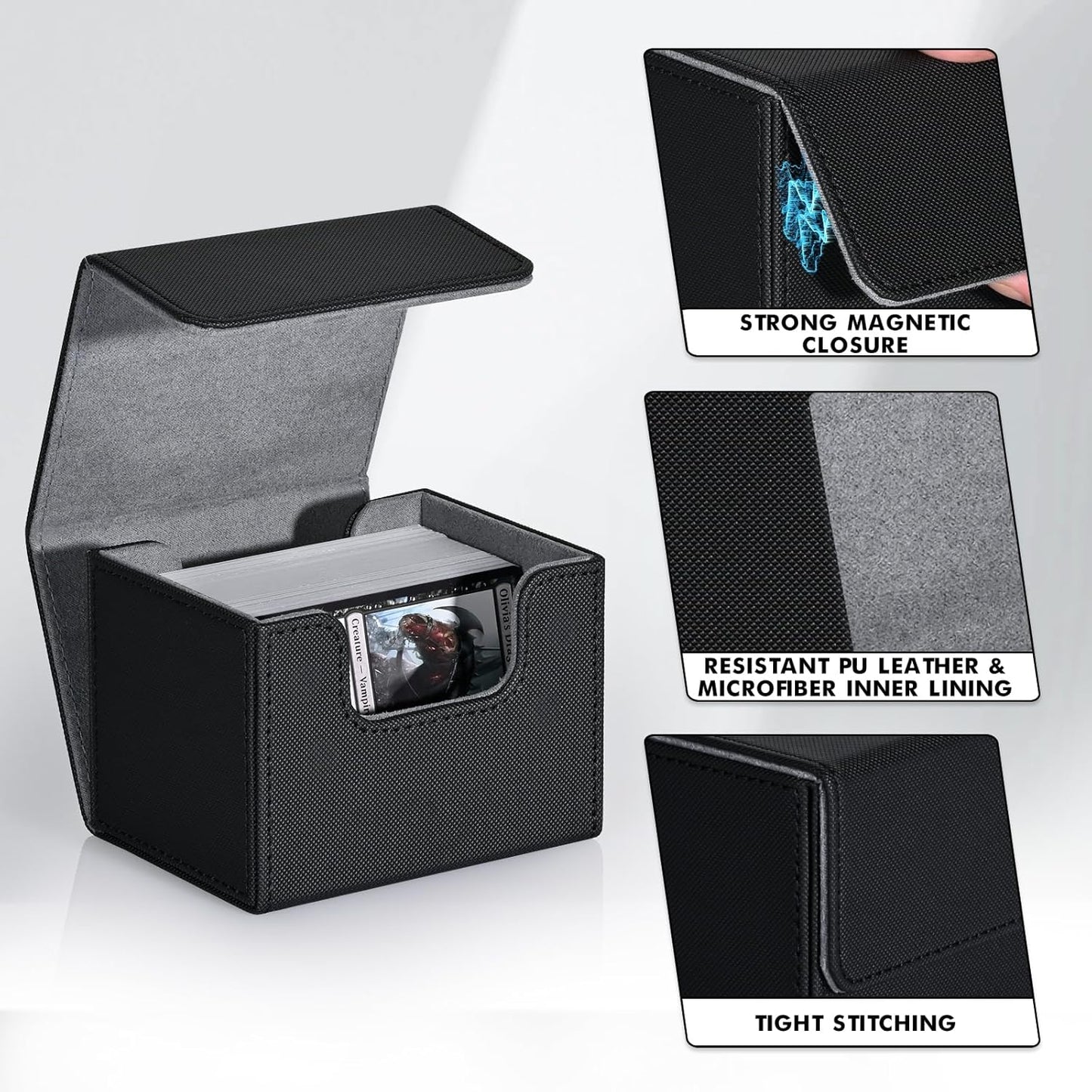 ZLCA Card Deck Box for Trading Cards, MTG Commander Deck Box Holds 120+ Single Sleeved Cards, Leather Magnetic Card Storage Box Fits for TCG CCG Magic Cards (Black)