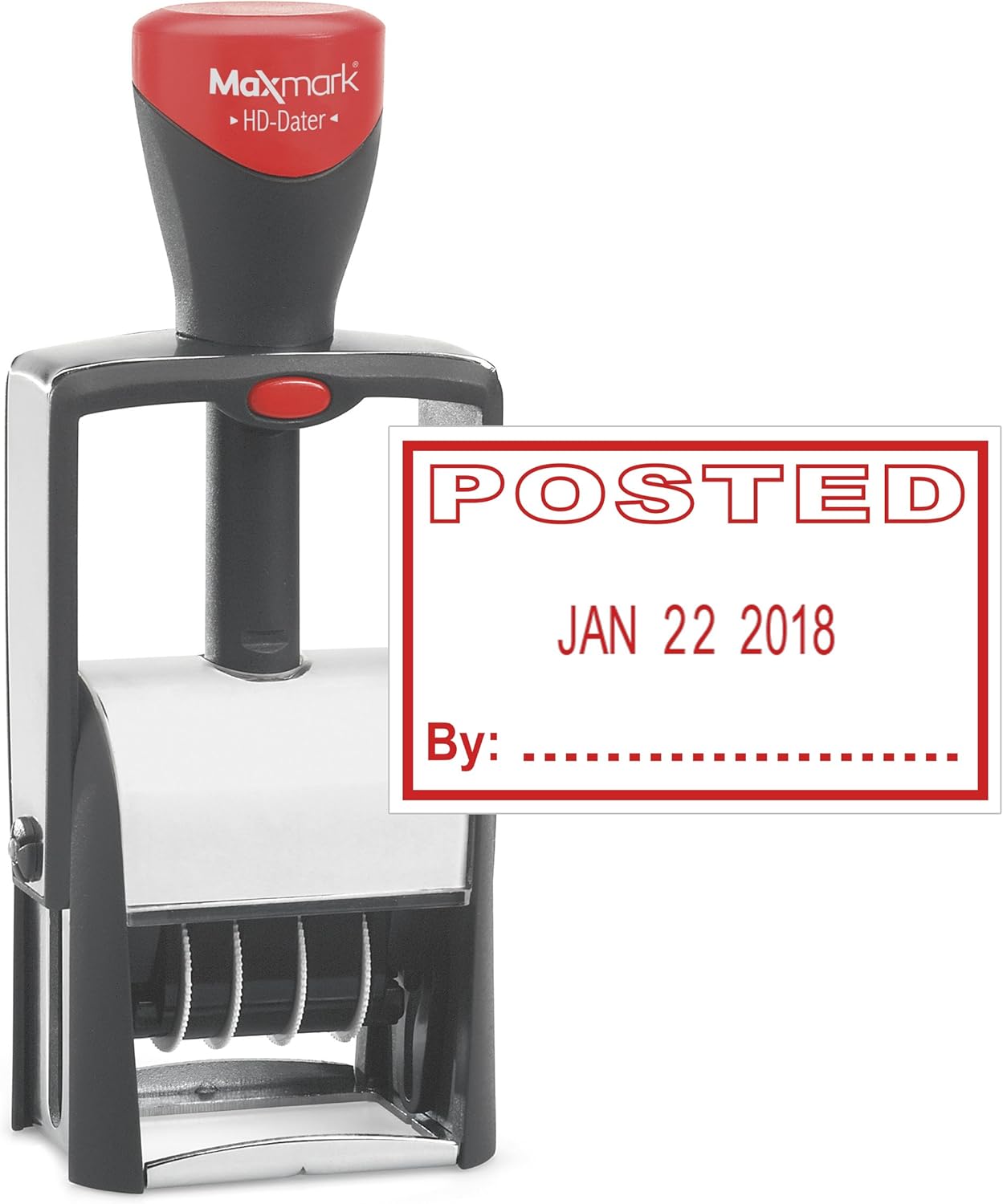 MaxMark Heavy Duty Self Inking Date Stamp with Phrase Posted - Red Ink