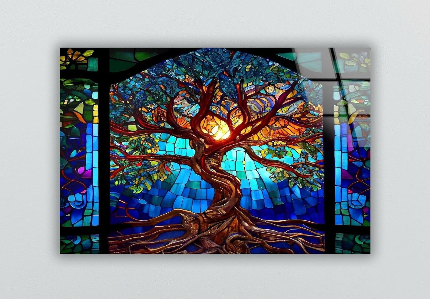 My Photostation.com 60WX40H'' Stained Blue Life of Tree Glass Wall ArtTempered Glass Printing Wall Decor Large Wall Art Wall Hangings