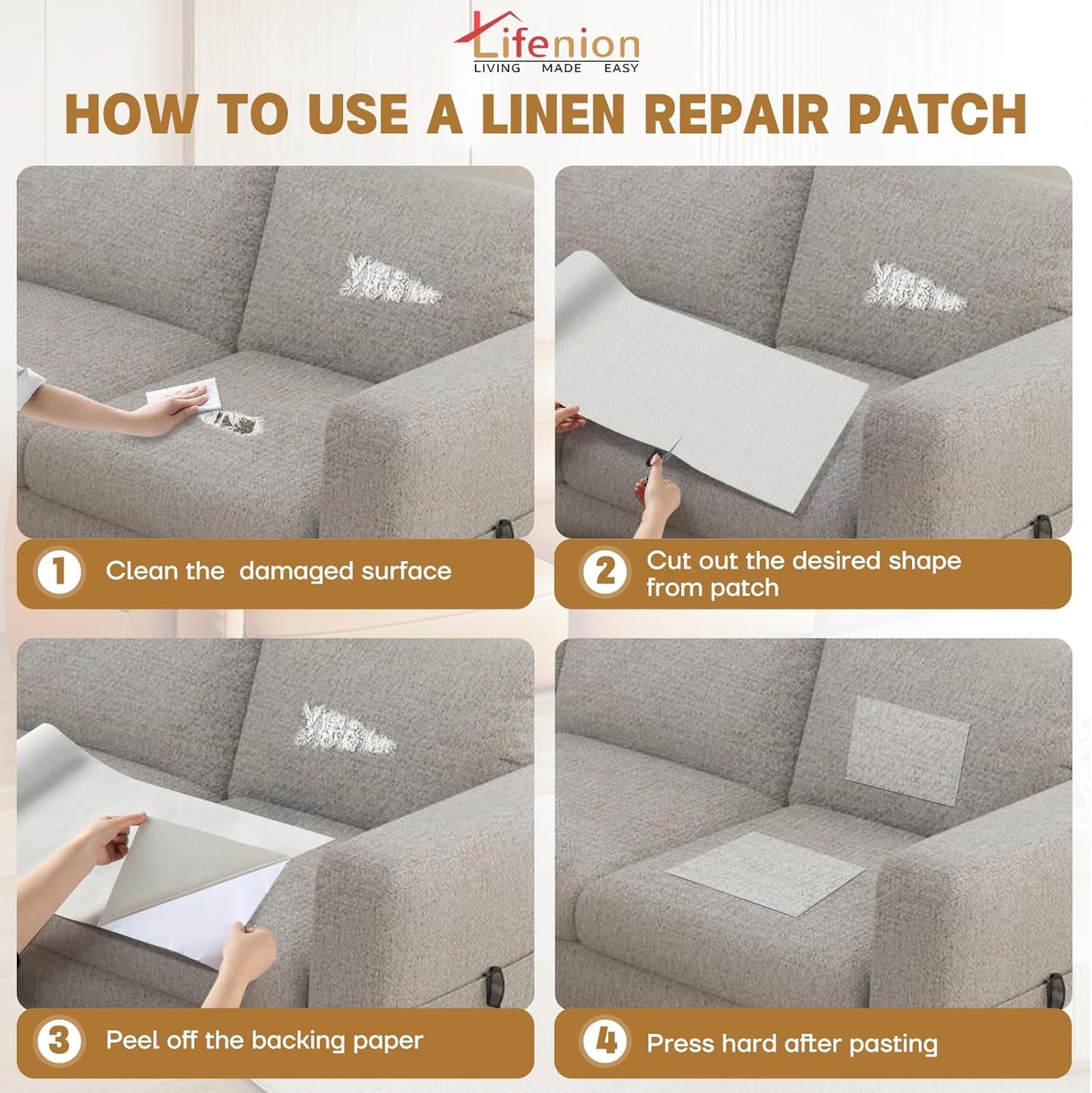 Fabric Repair Patches, 17X158 inch Linen Self-Adhesive Fabric Repair Tape, Strong Sticky Linen Patch for Sofas, Tote Bags, Clothing, Car Seats, Furniture（Medium Grey, 17X158 inch）