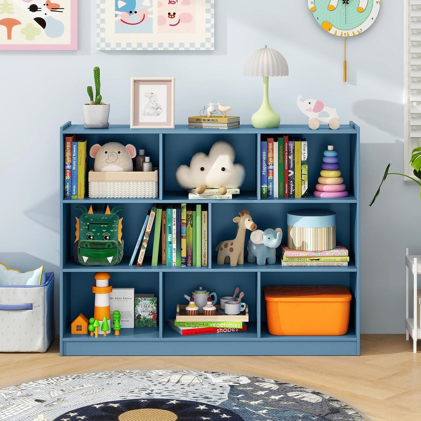 Toy Storage Organizer, 2-Tier Kids Bookshelf, 5 Cube Kids' Bookcases, Cabinets & Shelves, Wooden Toy Organizers, Small Book Shelf for Bedroom, Playroom, Classroom, Nursery (Blue, 3-Tier)