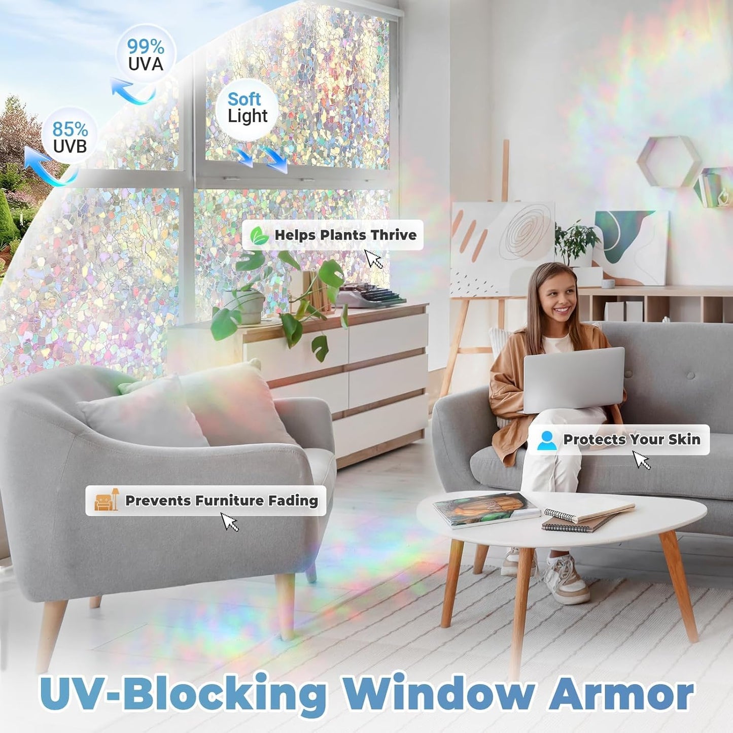 DOWELL Window Privacy Film Rainbow Film, Stained Glass Decorative Sticker, Static Cling Non-Adhesive Glass Clings, Sun Blocking Heat Control Window Coverings for Home Door, 35.4" x 118.1"