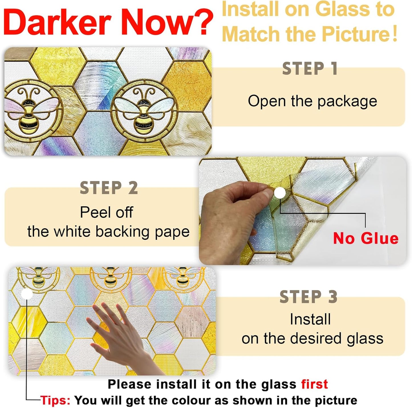 3D Stained Glass Window Privacy Film, Heat Control UV Blocking Static Cling Decorative Window Film for Bathroom,Front Door,Home Non Adhesive,16.9 x 78.7 inches Honey
