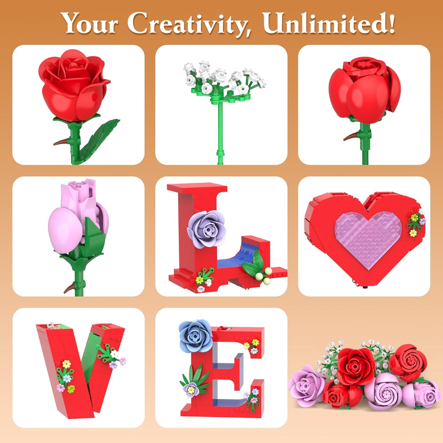 Romantic Love Heart Vase Building Set - 1216 Pcs Rose Flower Bouquet Building Kit for Adults - Creative Anniversaries Gifts for Women & Men, Unique Valentine’s Day Gifts for Her Him
