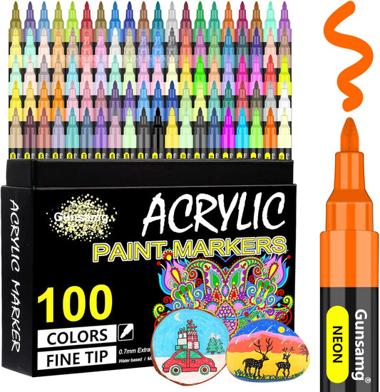Gunsamg Fine Tip Acrylic Paint Markers – 100 Colors Acrylic Paint Pens for Rock, Glass, Wood, Stone, Ceramic, Fabric, Metal, Canvas – Permanent Waterproof No Bleed Paint Pens for Crafts & Art Supplies