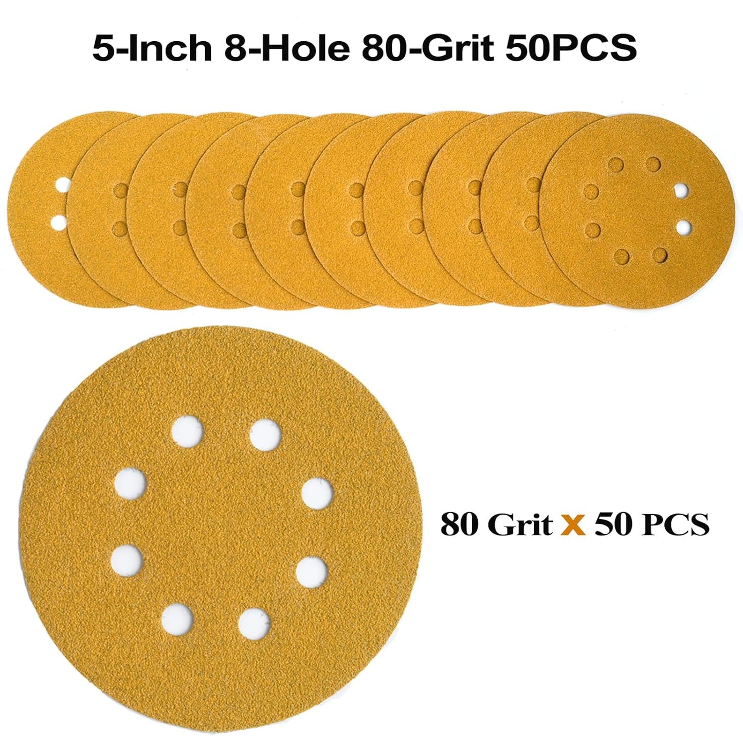 5-Inch 8-Hole Hook and Loop Sanding Discs 80-Grit Random Orbit Sandpaper, 50-Pack