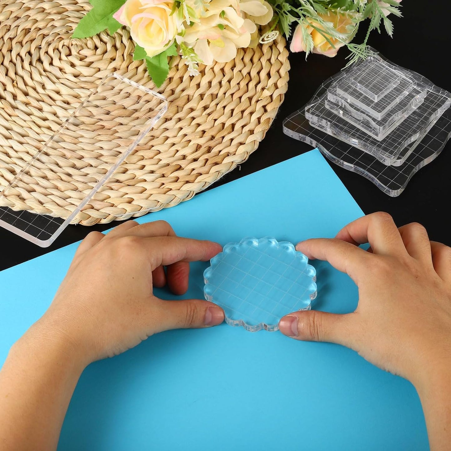 PATIKIL 5" x 2" Acrylic Stamp Block, Clear Stamping Block with Grid Lines Decorative Mounting Blocks Square for Scrapbooking DIY Crafts Card Making