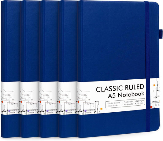 feela 5 Pack Journal Notebook Bulk for School, Hardcover Business Notebooks Classic Ruled Lined Journals with Pen Holder for Work Note Taking, with 5 Black Pens, 120 GSM, 5.1”x8.3”, A5, Navy