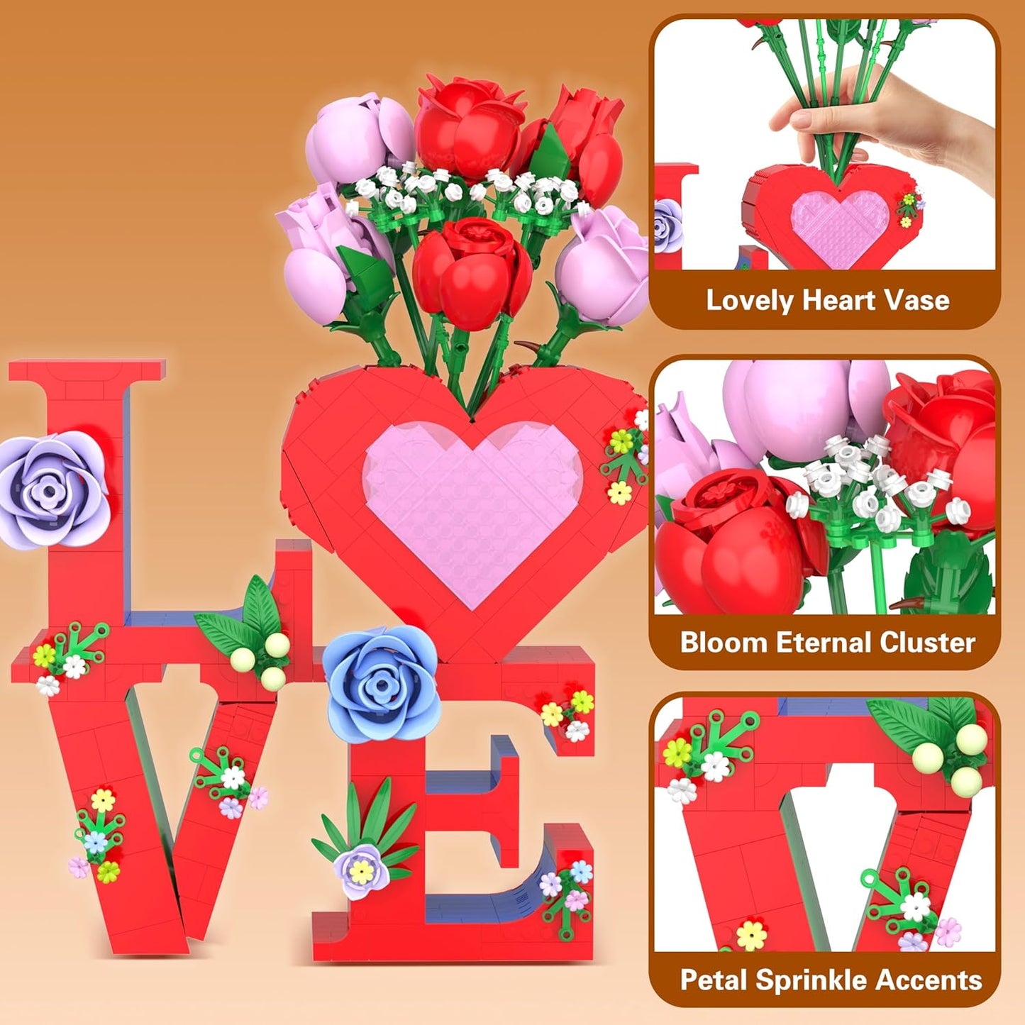 Romantic Love Heart Vase Building Set - 1216 Pcs Rose Flower Bouquet Building Kit for Adults - Creative Anniversaries Gifts for Women & Men, Unique Valentine’s Day Gifts for Her Him
