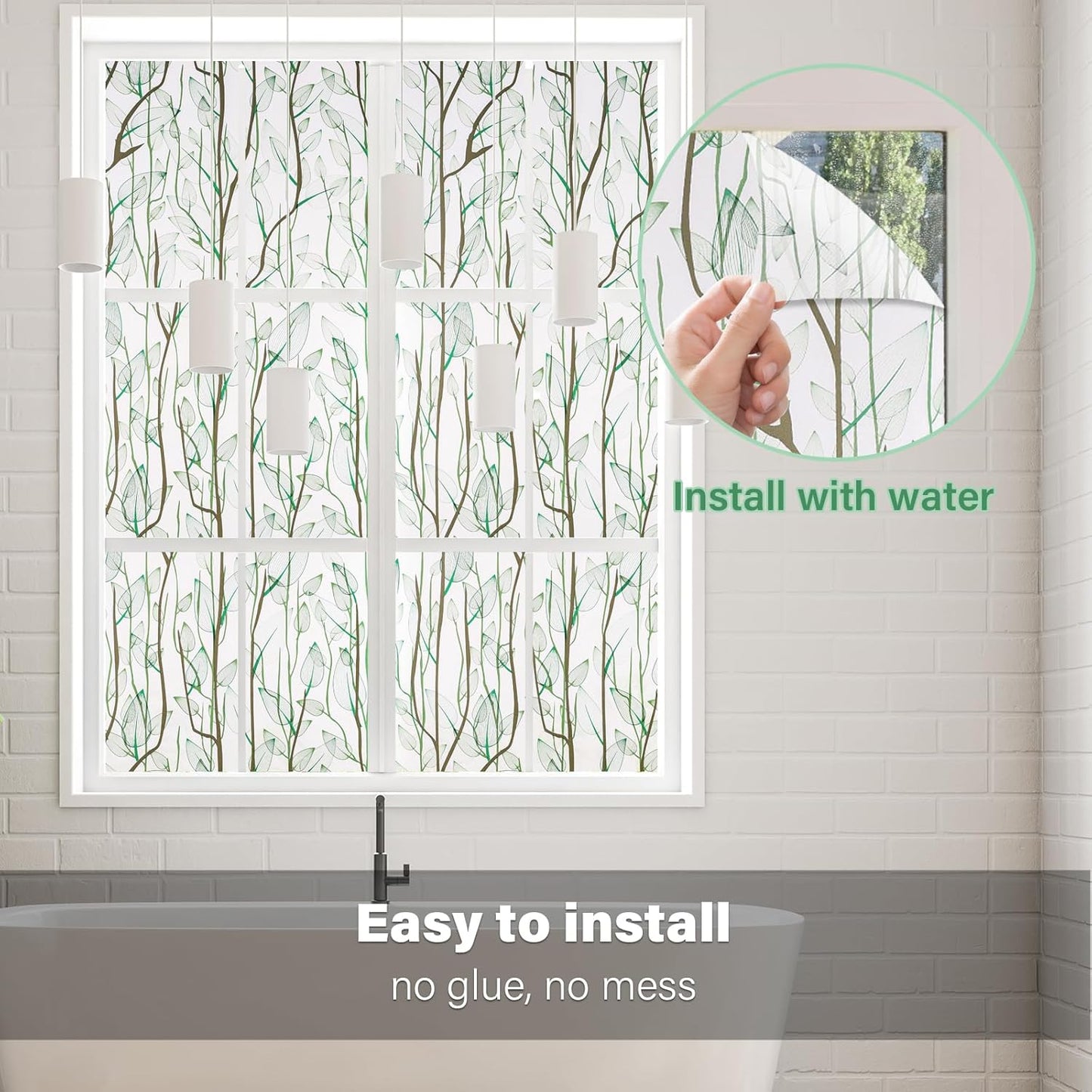 Donox Frosted Glass Window Film Heat Control UV Blocking, Static Cling Reusable Home Bathroom Door Window Privacy Film, Green Leaf Pattern Window Covering with Installation Tool, 17.5 in x 13.1 feet