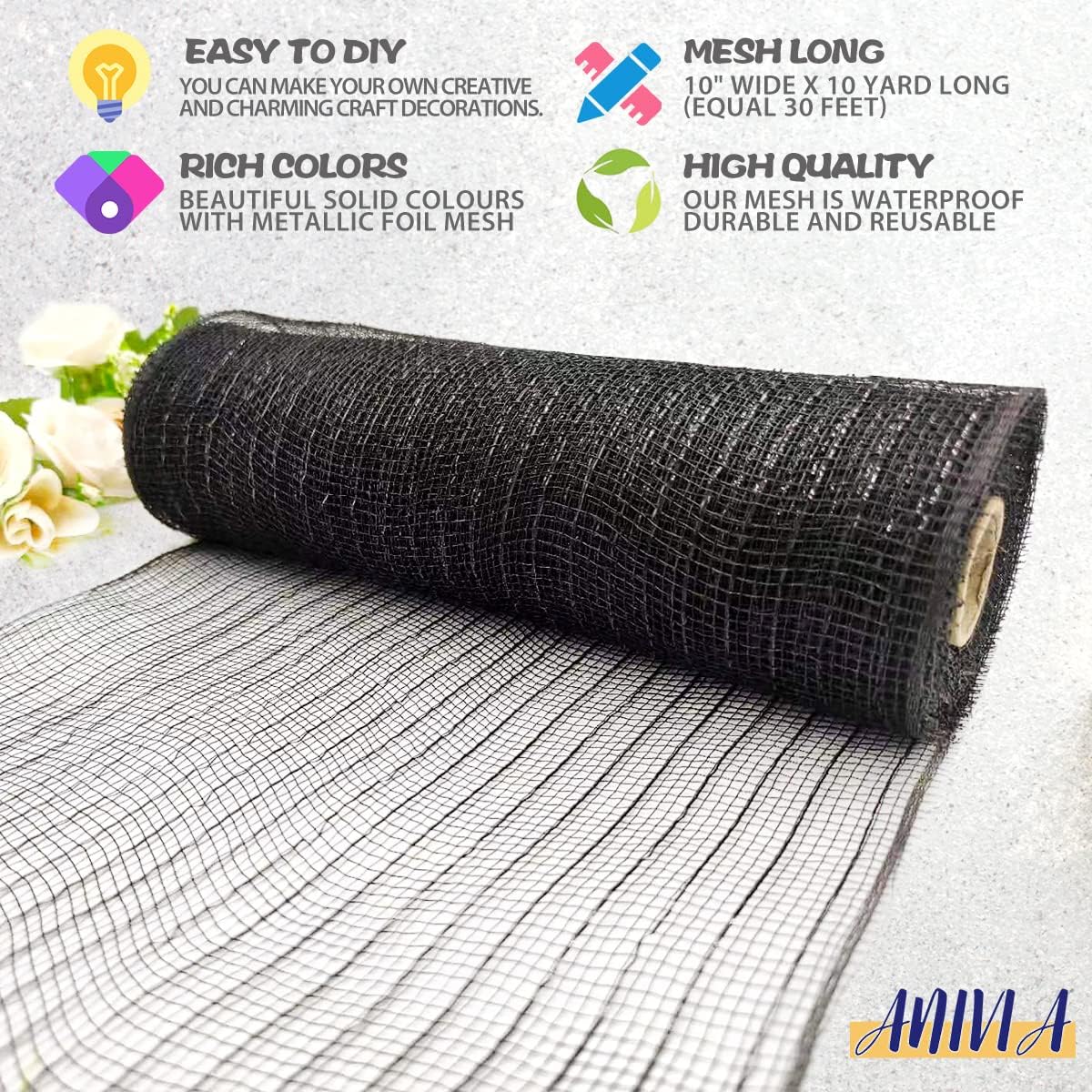 Anivia Deco Mesh Ribbon, 10inch x 30 Feet Each Roll Metallic Foil Mesh Ribbon for Wreaths Swags, Holloween, and Christmas Tree Decoration (Black)