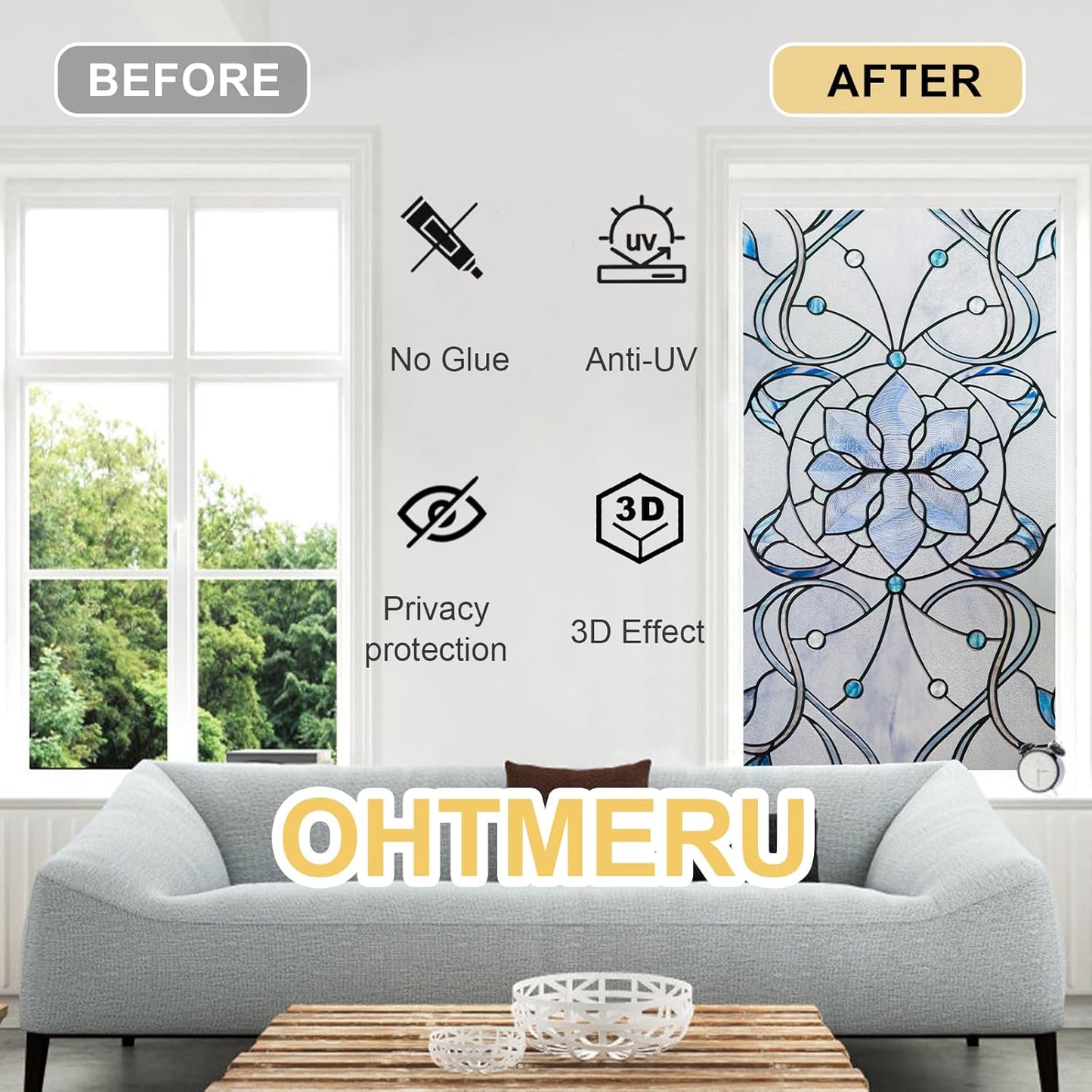 3D Stained Glass Window Privacy Film, Heat Control UV Blocking Static Cling Decorative Window Film for Bathroom,Front Door,Home Non Adhesive,16.9 x 39.3 inches Azure Bloom