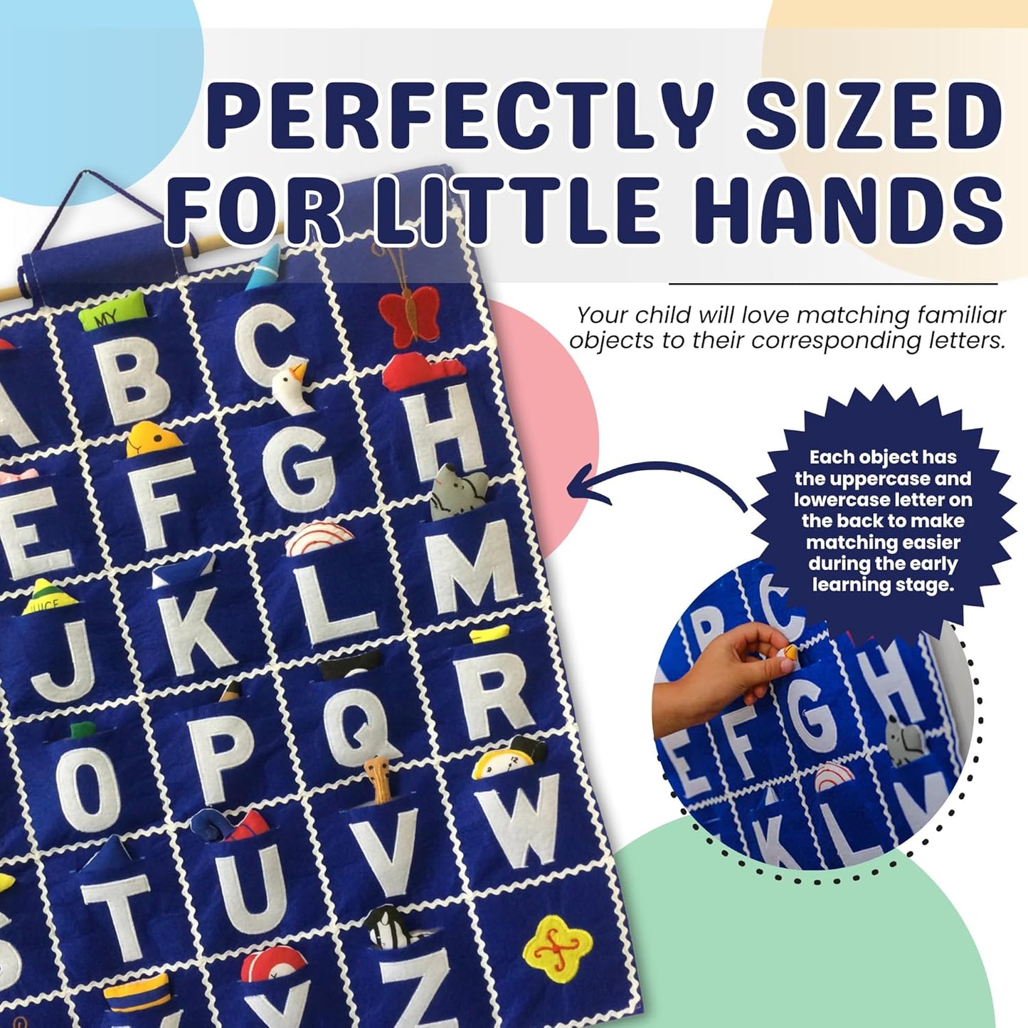 Pockets of Learning ABC Felt Wall Hanging Chart - Early Education Alphabet Fabric Wall Décor for Children's Room | Engaging Educational Learning Art for Kids with Fabric Objects in Pocket (Blue)