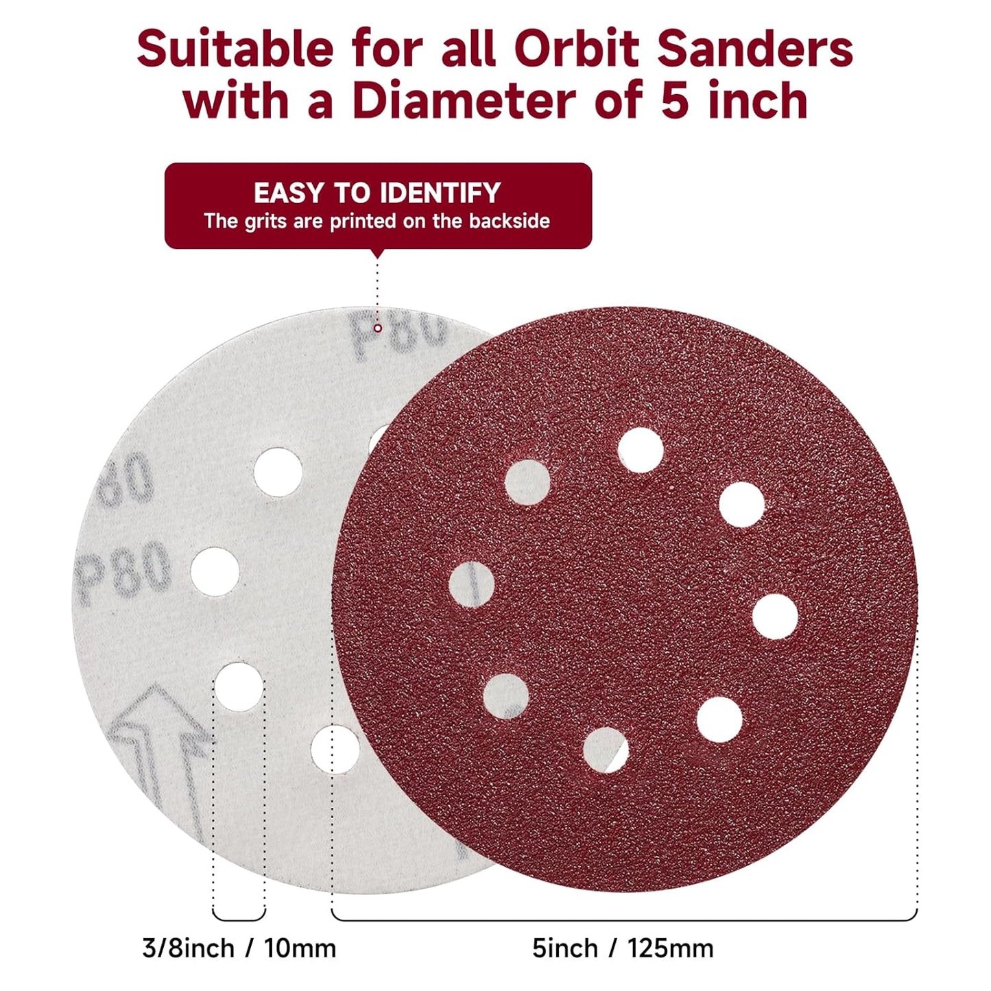 100 PCS 5 Inch Sanding Discs 80 Grit, Round Hook and Loop Sandpaper for Random Orbital Sander