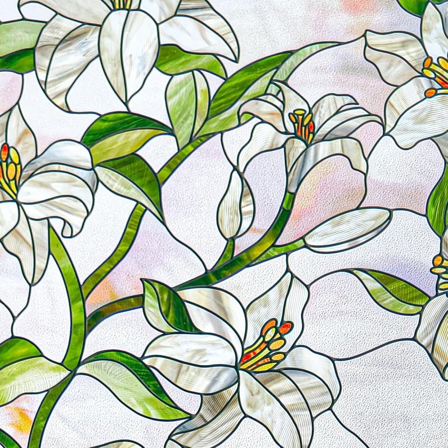 3D Stained Glass Window Film, Decorative Window Privacy Film for Bathroom, Front Door, Home, Sun Blocking Heat Control, Static Cling,White Lily 17.3inch x 47.2inch