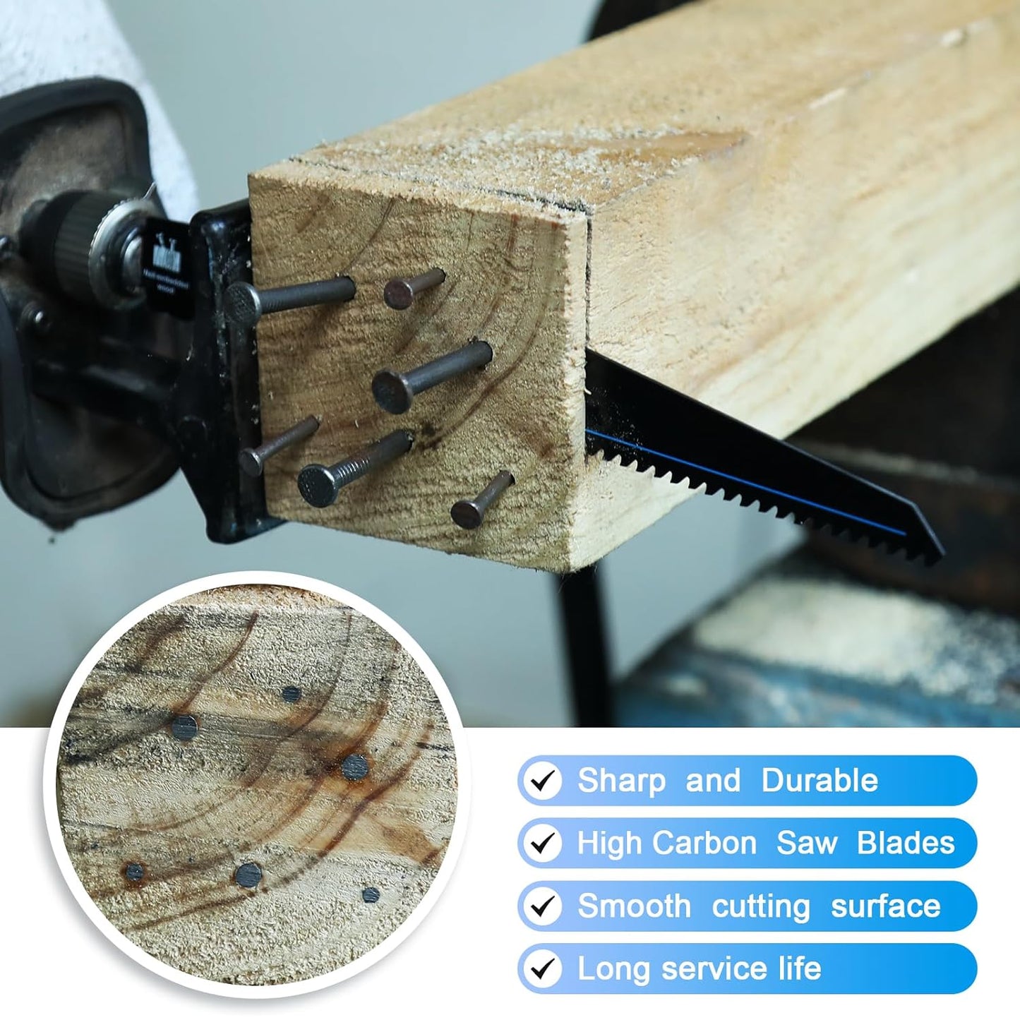 5 Pack 9 inch Reciprocating Saw Blades Set， 6 TPI High Carbon Saw Blades for Wood with Nails，Saw Blades with Organizer Case (5, 6T/9inch)