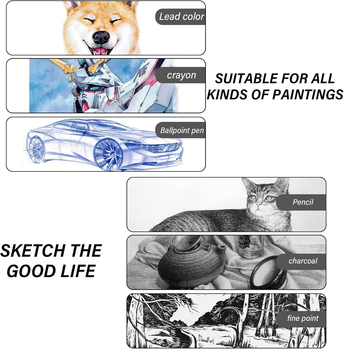 Cabreche Cute Sketchbook Top Spiral Bound Sketch Pad, 9 x 12 inch,100GSM Thick Paper,50 Sheets 100 Pages,Art Sketch Book Artistic Writing Drawing Paper for Girls Women Beginners-Black Pink Bowknot