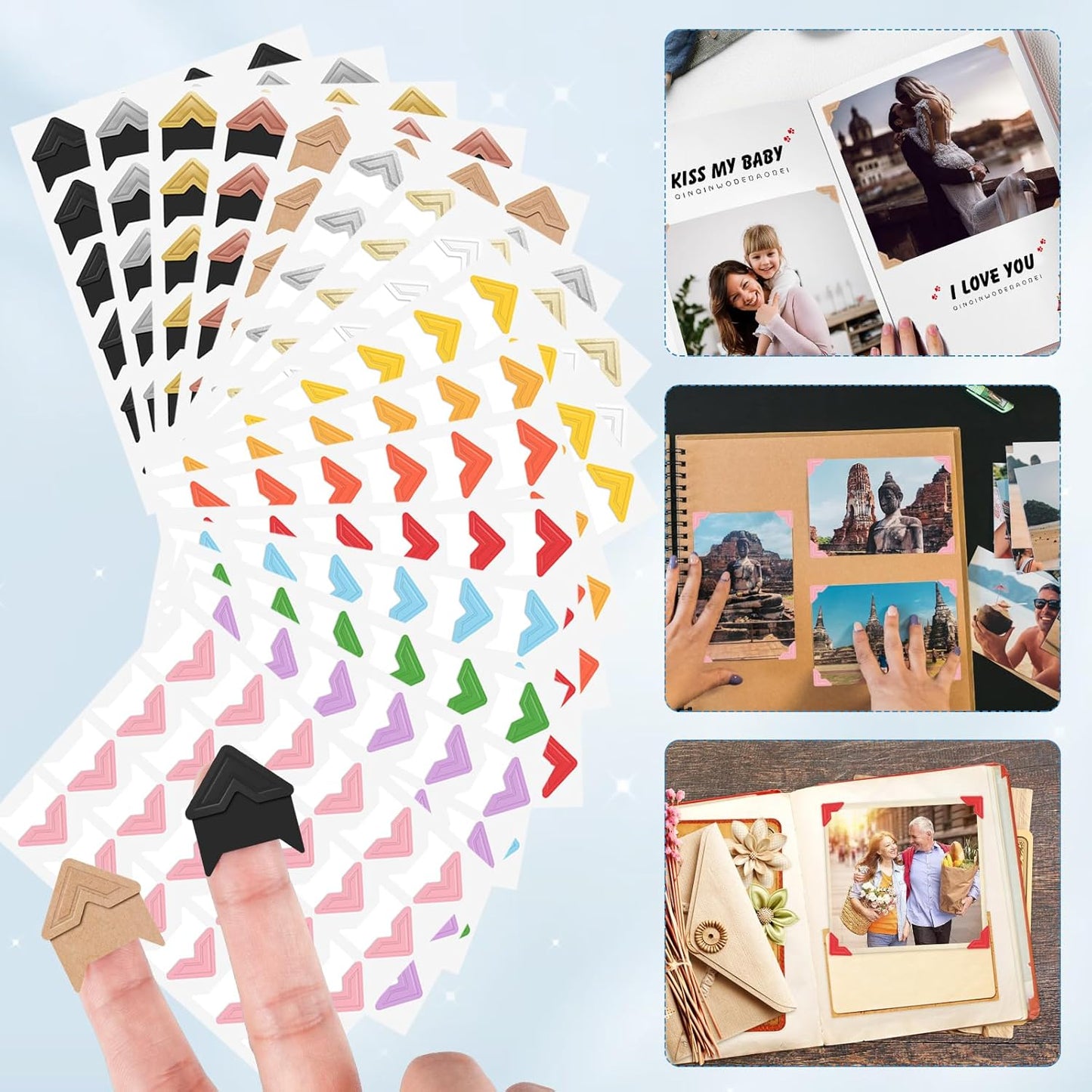 GOONAVI 15 Sheets 360 PCS Golden Black Acid-Free Photo Corners Notebook, Self-Adhesive Corners for DIY Album Journal, Corner Stickers for Trip Memory Book