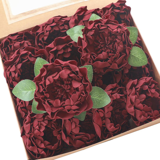 Floroom Artificial Flowers 16pcs 4" Burgundy Blooming Peonies Real Looking Foam Fake Peony with Stems for DIY Wedding Bouquets Dark Red Bridal Shower Centerpieces Floral Arrangements Tables Decoration
