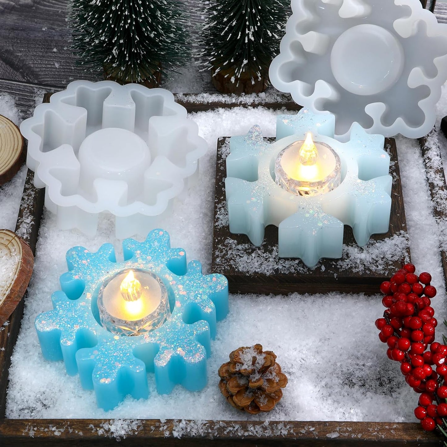 2PCS Christmas Resin Molds Snowflake Silicone Resin Mold for Tea Lights Epoxy Resin Mold for Home Table Decorations Xmas Decor