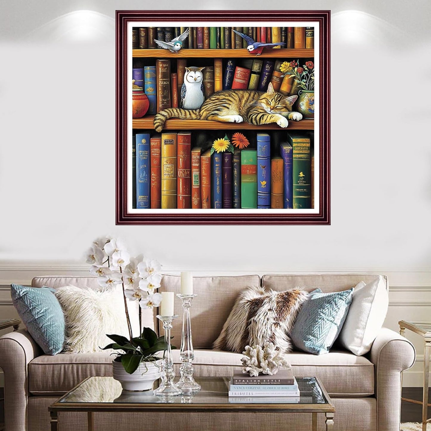 Redxing Stamped Cross Stitch Kits Full Range of Embroidery Starter Kits- Needlepoint Counted Cross Stitch Kits for Beginner Adults 11CT Printed Embroidery Kit-cat Sleeping in on Bookshelf 18x18 inch
