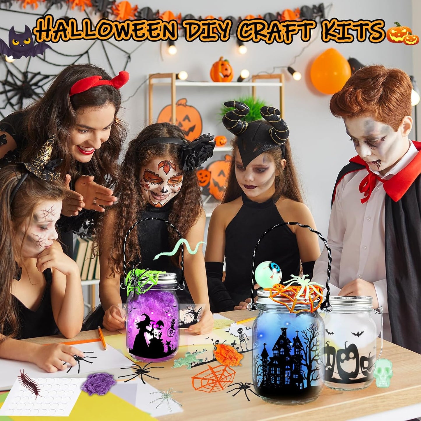 SpringFlower Halloween DIY Arts and Crafts Kits，12 Pcs Glass Mason Jar with Accessories for DIY Lantern Jar, Art & Craft Party Supplies for Classroom Kids