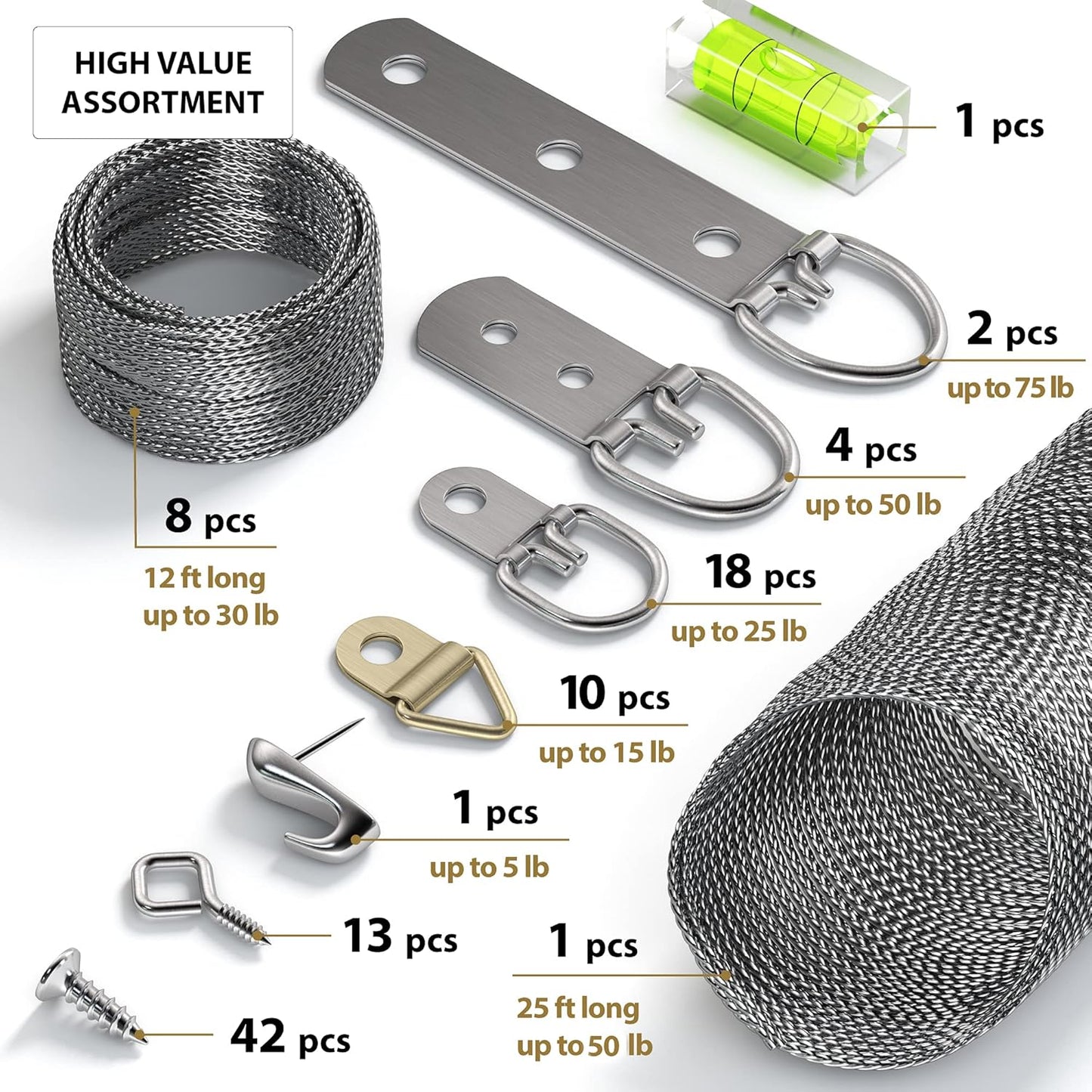 Picture Wire Hanging Kit 100+ Pieces - D-Ring, Screws, Hanging Hooks,Level. Supports up to 50 lbs 120+ Feet(38 M) Stainless Steel Wire Hanger | Comes with Solid Box