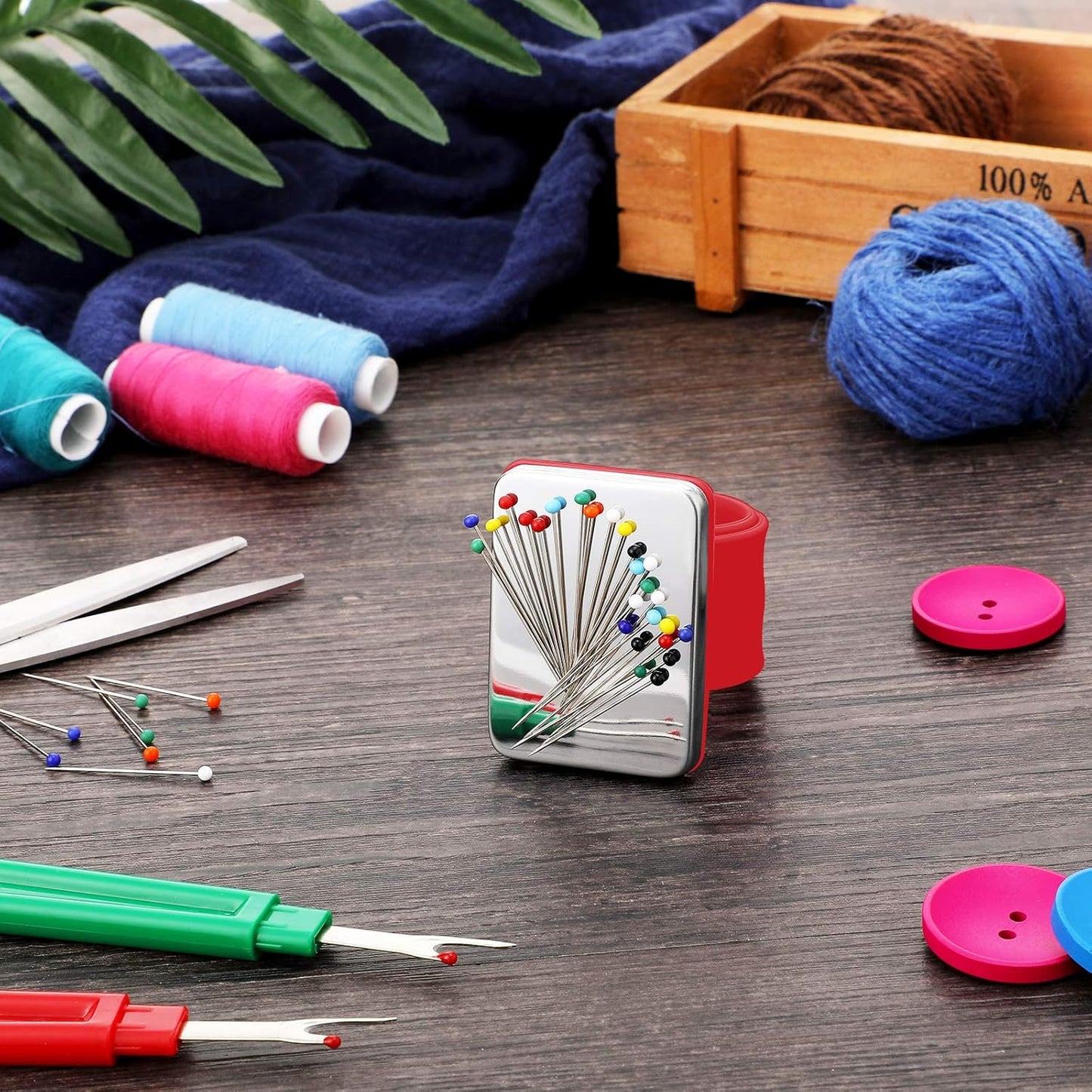 WILLBOND Magnetic Wrist Sewing Pincushion Wrist Magnetic Pin Holder Wristband Pin Cushion Holder with 3 Pcs Stainless Steel Pintail Comb Rat Tail Comb for Hair Clips Hand Sewing(Red)