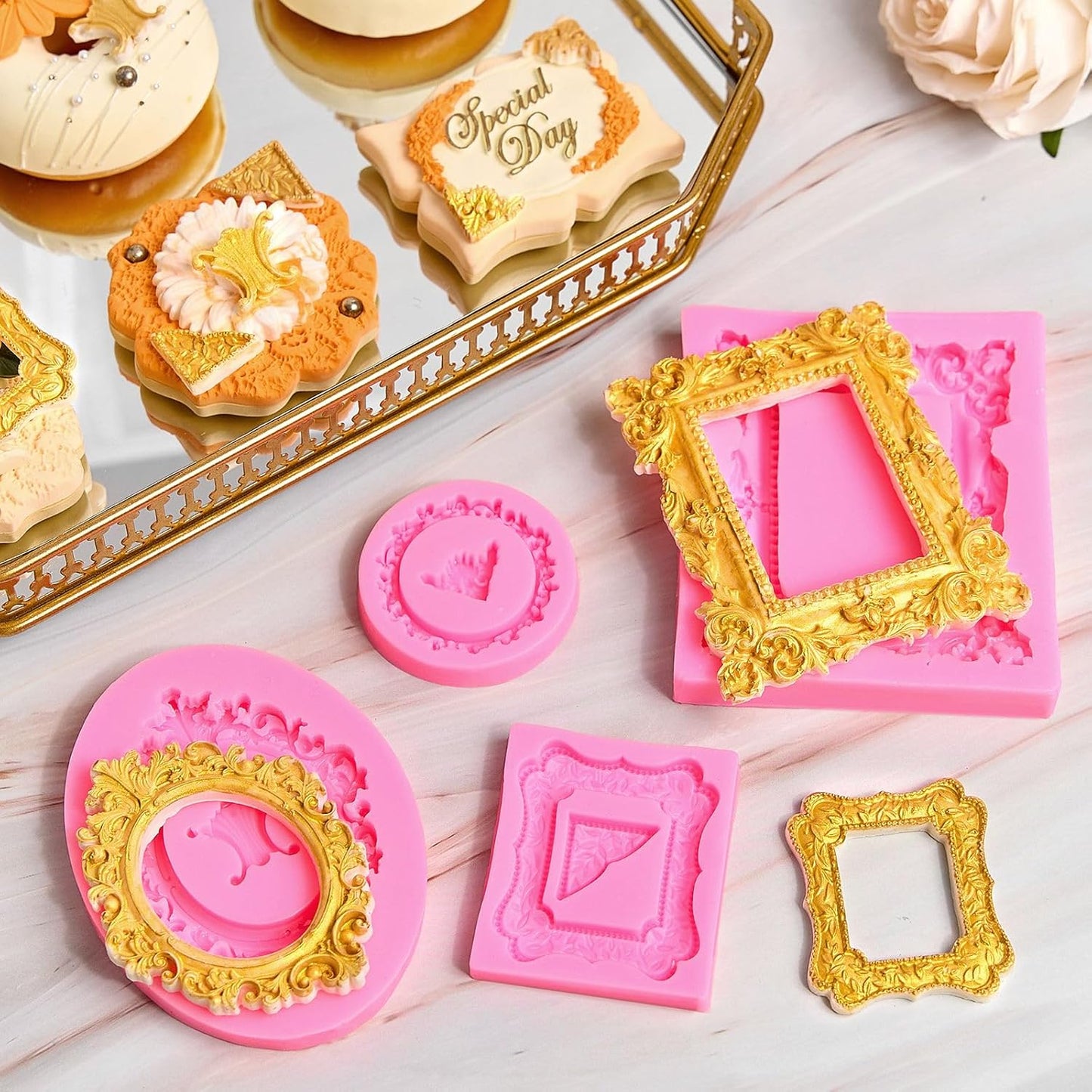 JOERSH 4PCS Baroque Frame Mold, Picture Photo Frames and Corners Silicone Fondant Mold for Cake Decorating, Cupcake Topper, Chocolate, Candy, Sugarcraft, Dessert Decor
