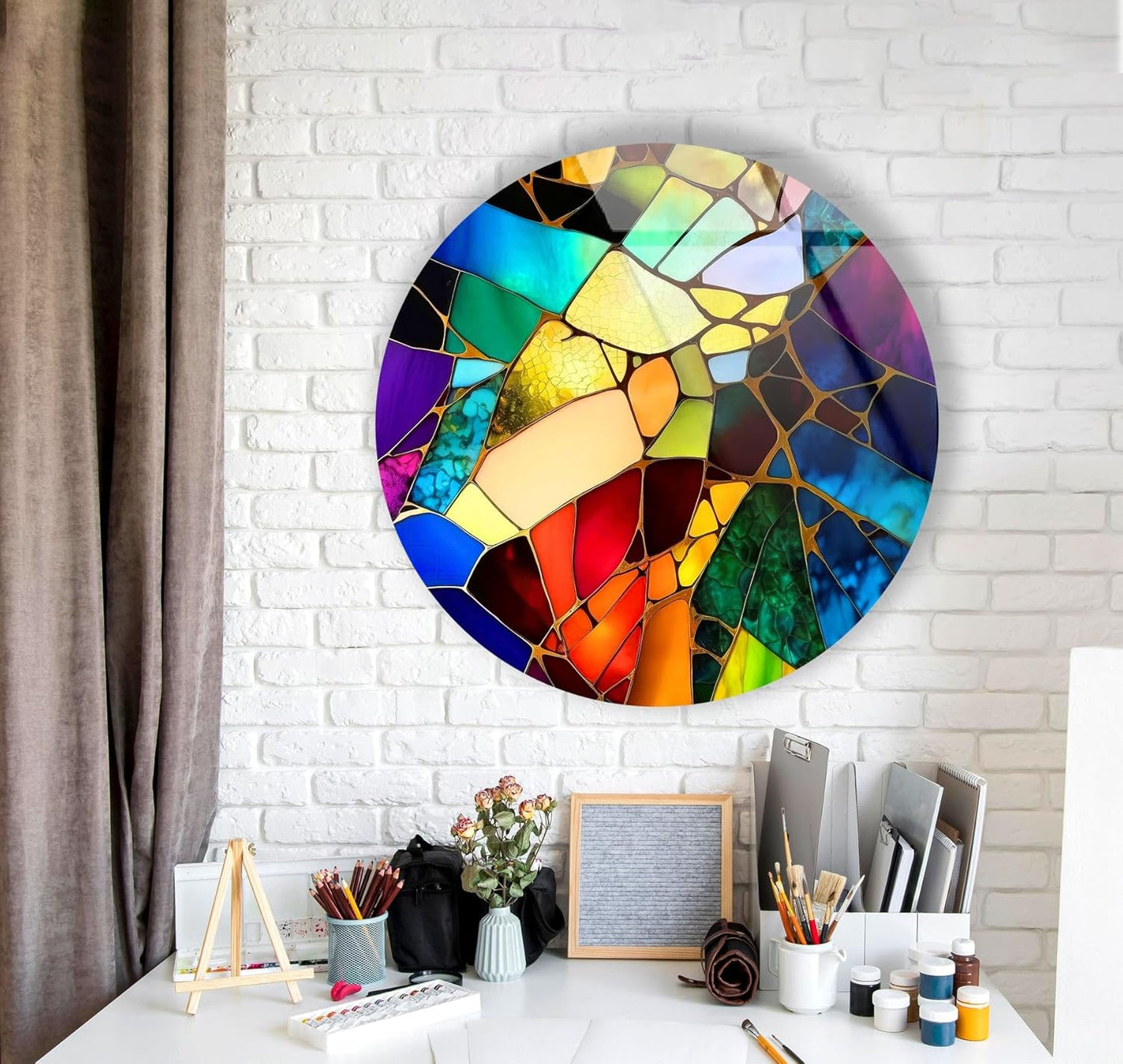My Photostation.com 20''(50cm) Diameter Multicolor Round Stained Glass Wall Art Vibrant Mosaic Abstract Panel Tempered Glass Printing Wall Decor Large Wall Art Wall Hangings