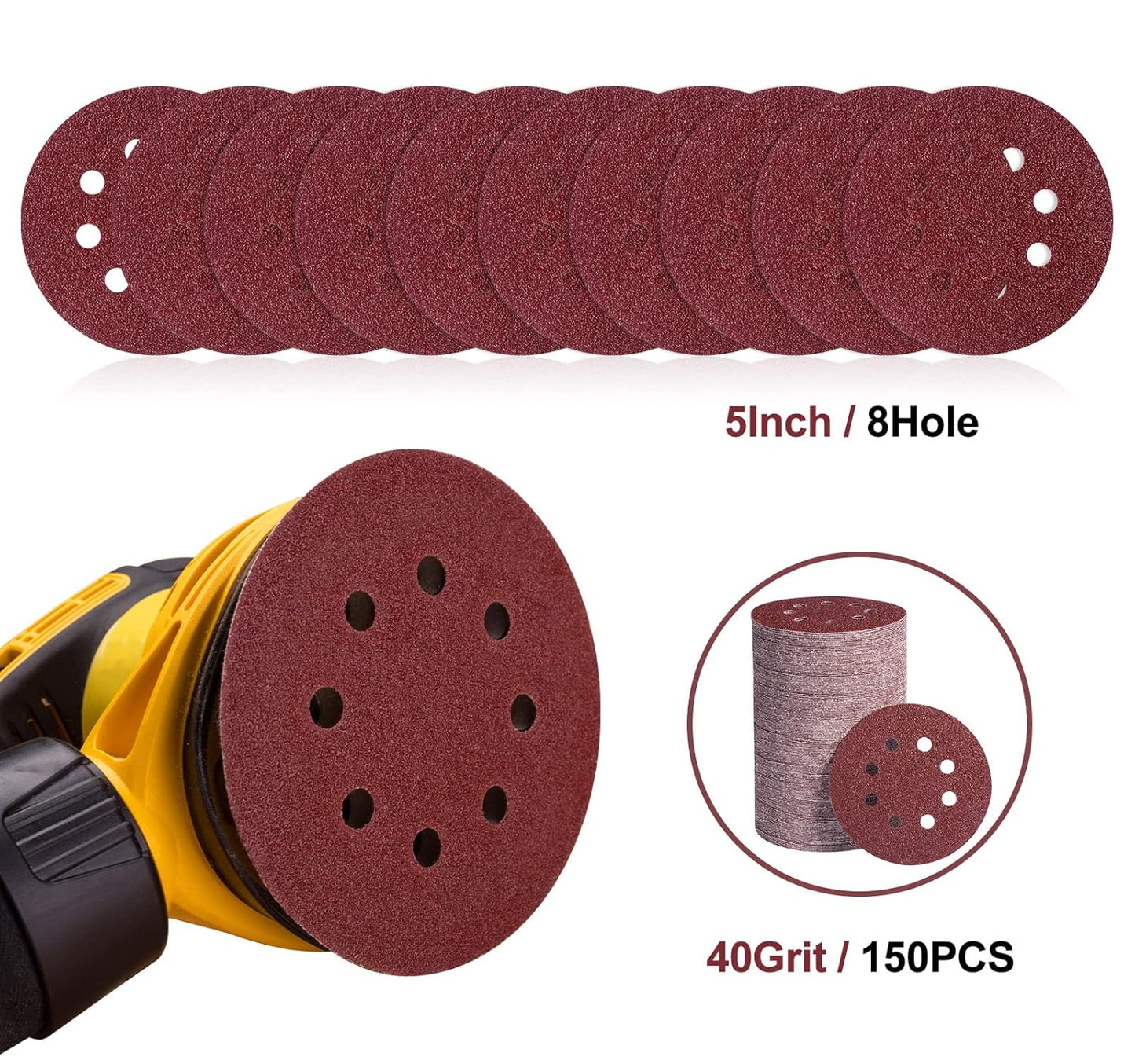 S SATC 150 PCS Sanding Discs 5-Inch 8-Hole Aluminum Oxide Sandpaper for Woodworking Hook and Loop Adhesive for Random Orbital Sander 40 Grit