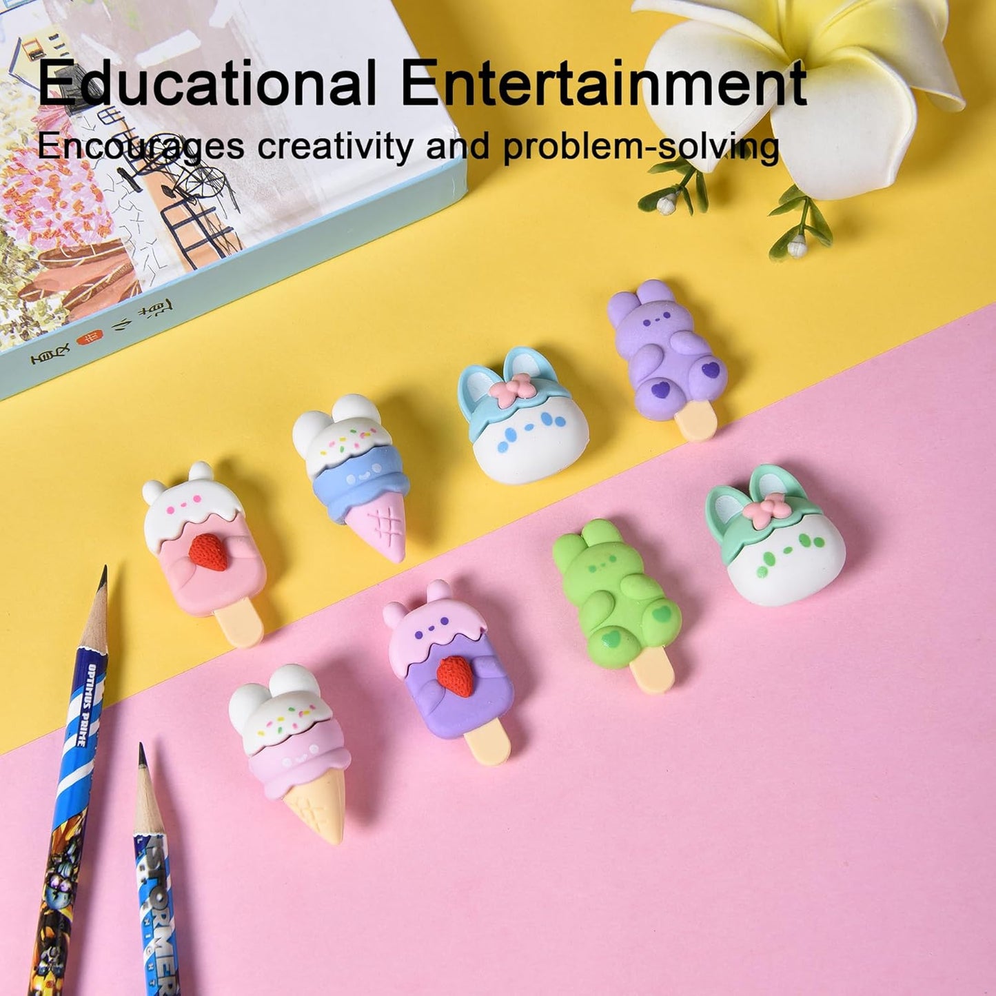 HILAZA 16 Pcs Ice Cream Erasers for Kids, Cute Animal Erasers for Girls, Cool Fun Puzzle Food Erasers for Ice Cream Themed Party Favors