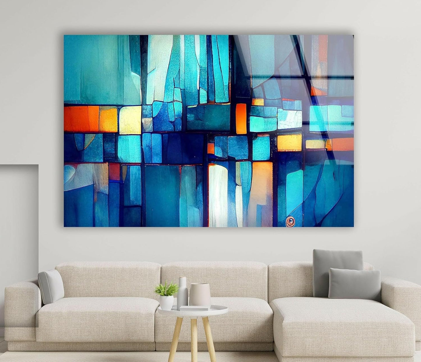 My Photostation.com 43Wx27H'' Blue Vibrant Stained Glass Wall ArtTempered Glass Printing Wall Decor Large Wall Art Wall Hangings