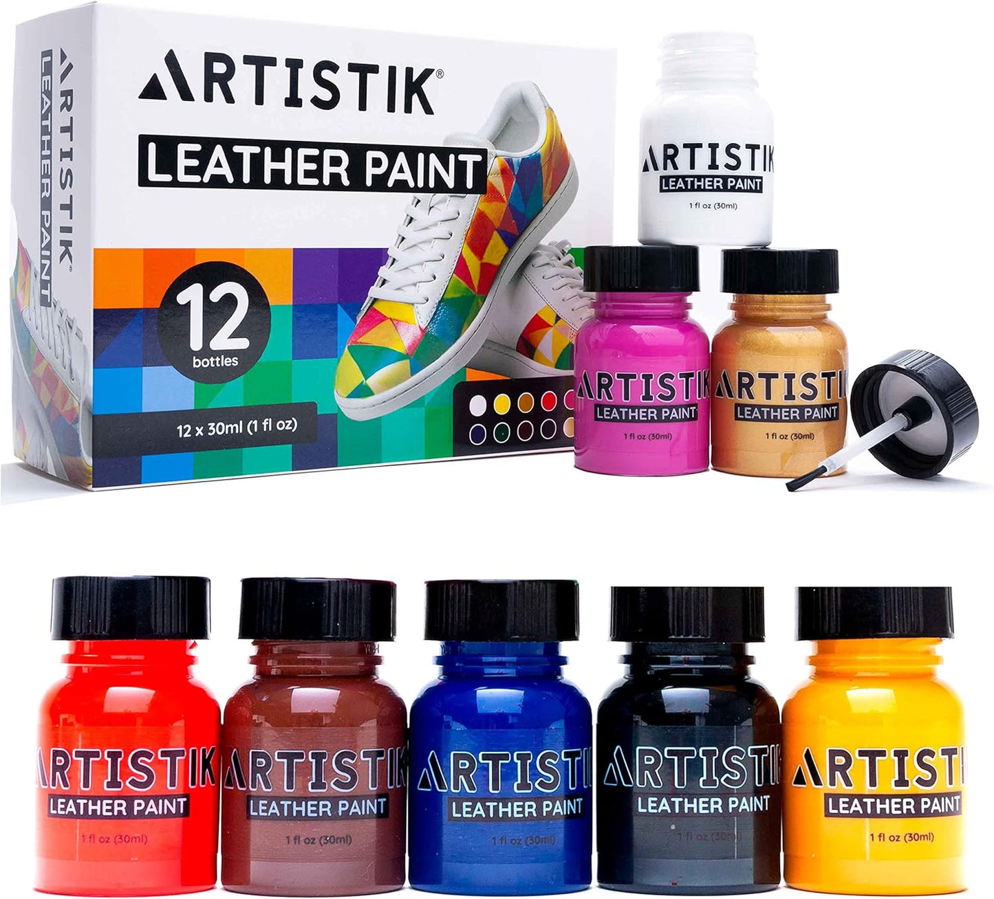 Leather Paint Set with Brushes - 12 x 30ml Acrylic Paints Leather Dye Set for Shoes Bags Boots Sneakers Jackets Car Seat Leather