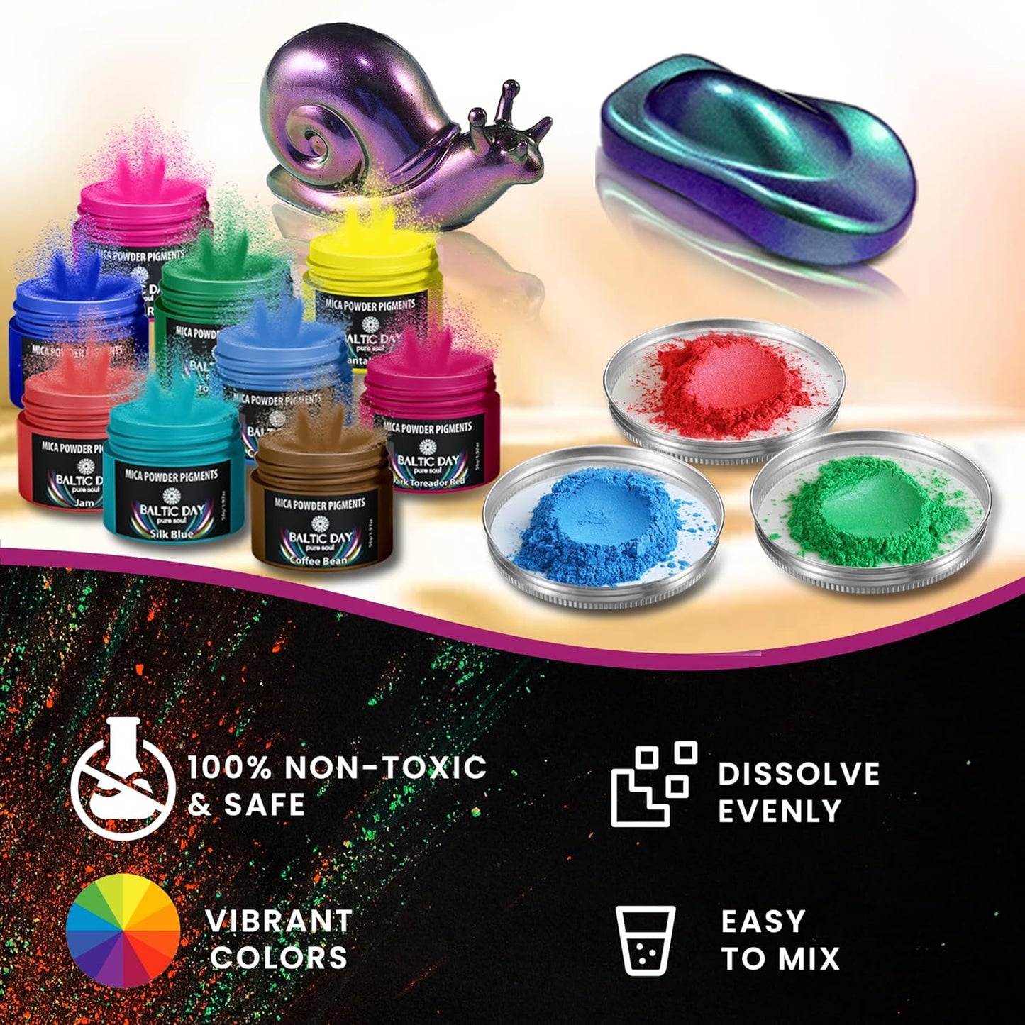 BALTIC DAY - Mica Powder, 100 Colors - 10 Chameleon Mica Powder for Epoxy Resin 10g/Bottle - Resin Colorant for Lip Gloss, Soap Making, Candle, Nail, Bath Bomb, Paint, Car Freshies