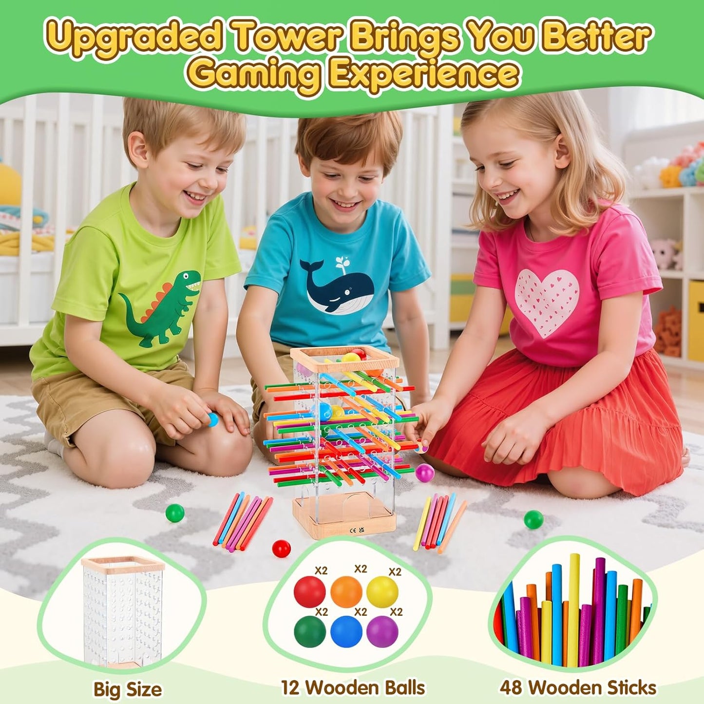 Montessori Wooden Board Games, 48 Colorful Sticks Dice Game with 12 Balls, Family Game for Kids and Adults, Math Educational Toys for 3 4 5 6 Years Old, Fine Motor Skills Toy Gifts for Boys and Girls