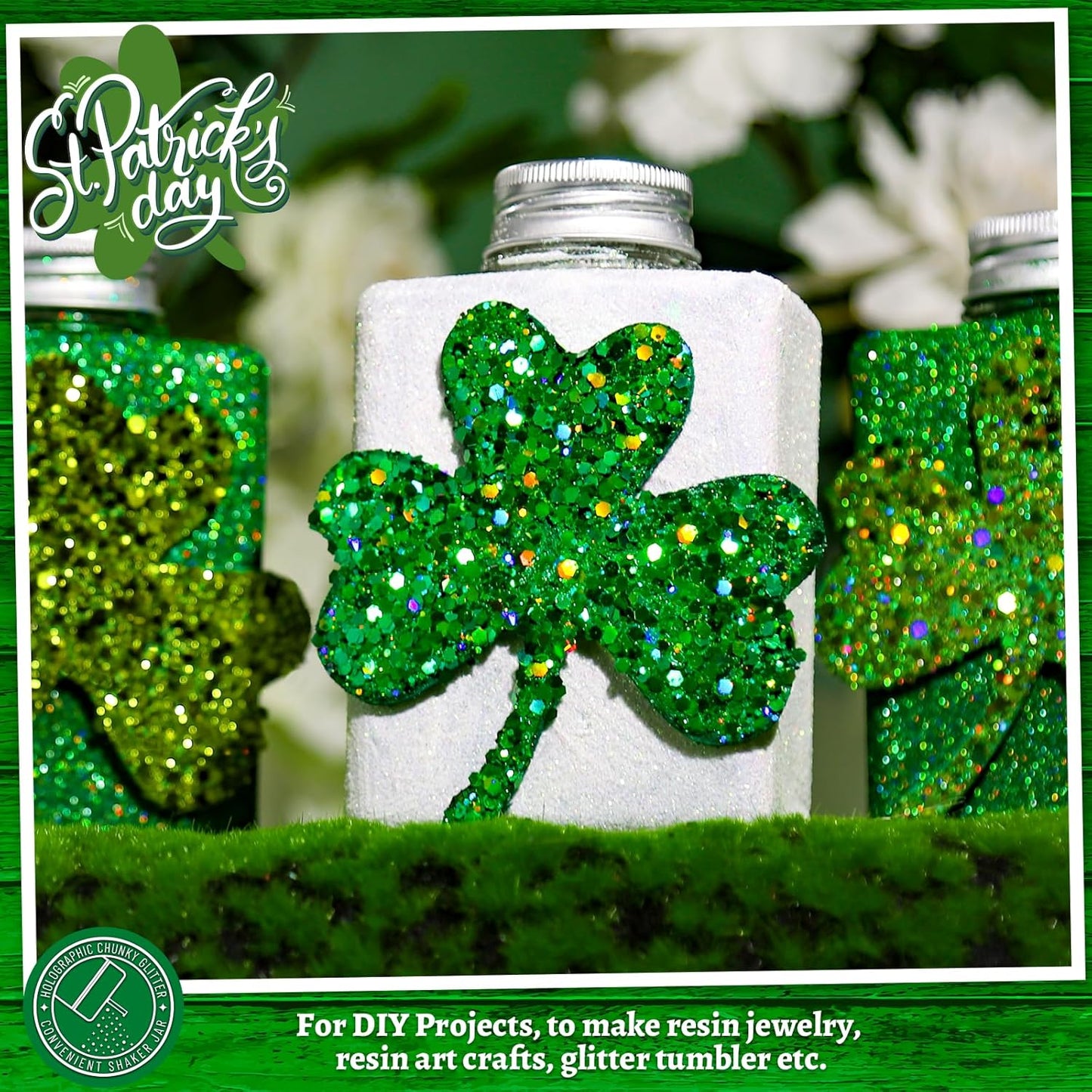 LEOBRO Green Glitter, 160g/5.64oz Holographic Chunky Glitter for Crafts, Resin, Nail Body, Tumblers, Party Decorations