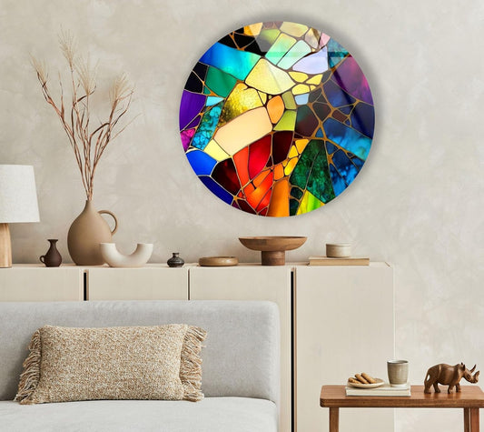 My Photostation.com 20''(50cm) Diameter Multicolor Round Stained Glass Wall Art Vibrant Mosaic Abstract Panel Tempered Glass Printing Wall Decor Large Wall Art Wall Hangings