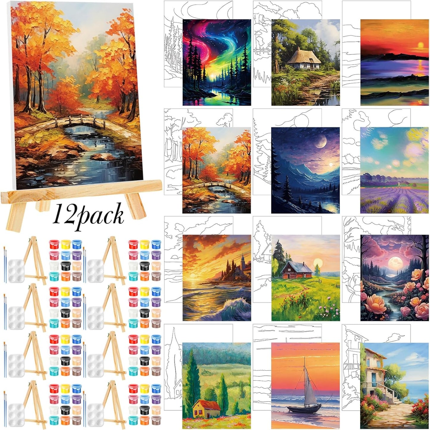 Zhanmai 12 Pack Pre Drawn Canvas for Painting Sip and Paint Kit 8" x 10" Paint Party Set Canvas Painting Pre Printed Canvases for Party Favor DIY Virtual Adult's Date Night(Natural Scenery)
