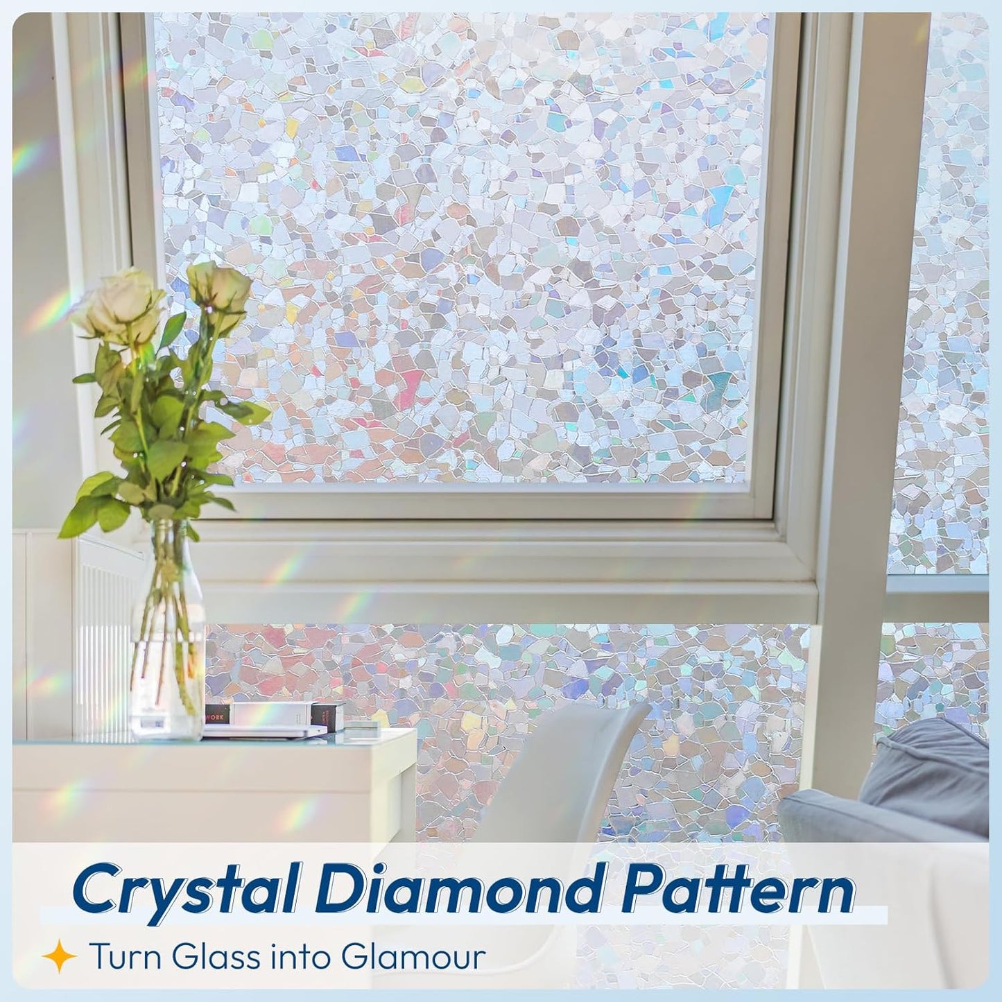 rabbitgoo Rainbow Window Privacy Film Decorative Stained Glass Diamond Pattern Window Sticker with Iridescent Tint Non-Adhesive Static Cling for Home Office Crystal Pattern, 23.6 x 78.7 inch