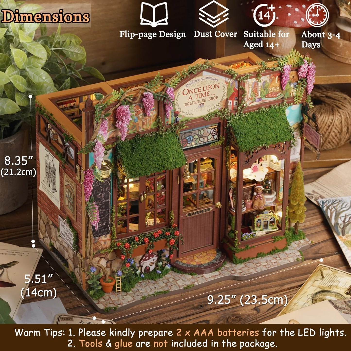 TuKIIE DIY Miniature House Kit with Furniture, 1:24 Scale Creative Room Opened & Closed Wooden Dollhouse Book Nook Plus Dust Proof for Kids Teens Adults(Dollhouse Shop)