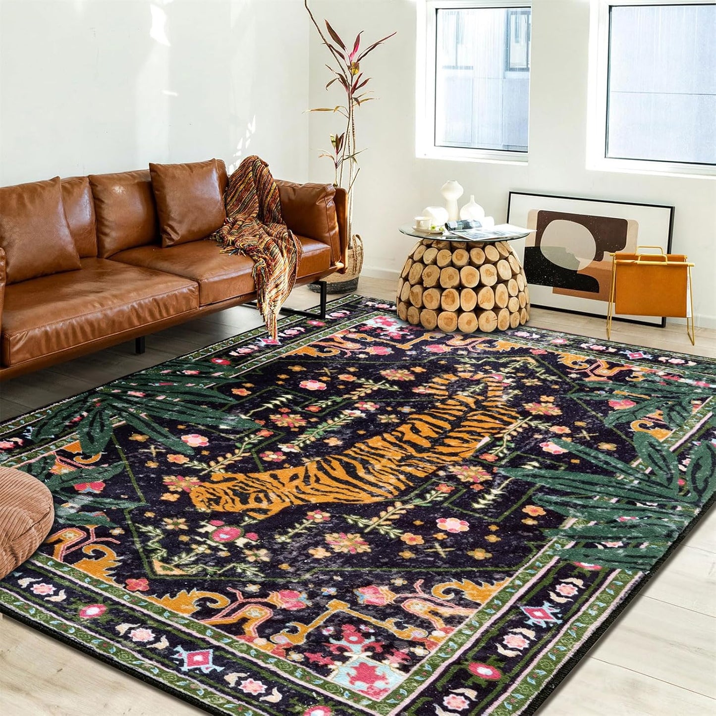 Oriental Tropical Washable Rugs, Stain Resistant Black Boho Vintage Distressed Hippie 45x7 Area Rugs for Living Room Bedroom Kitchen Entryway, Abstract Botanical Tribal Indian Accent Carpet