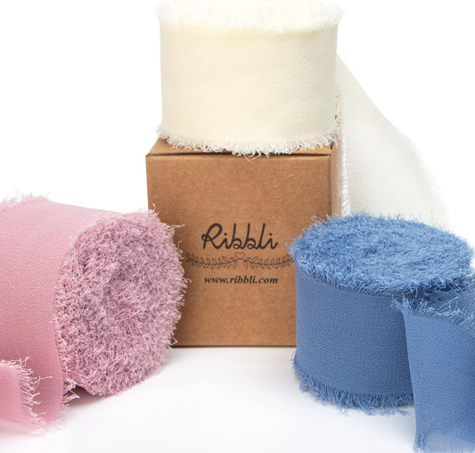 Ribbli Chiffon Silk Ribbon, 1.5 in x 30 Yards, Ivory/Dusty Rose/Dusty Blue Fringe for Wedding Invitations, Bridal Bouquets, Flower Arrangements