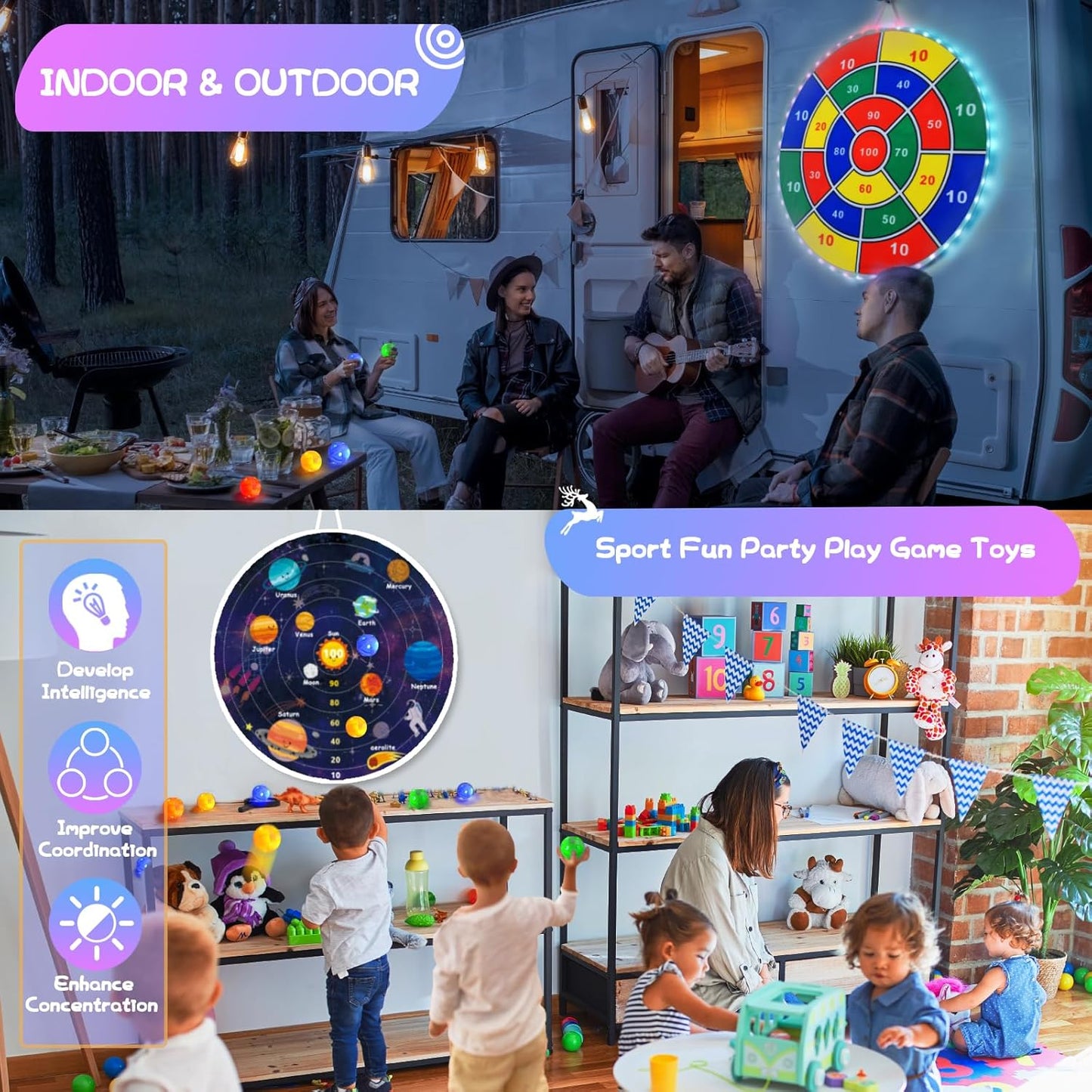2 in 1 29" Large LED Dart Board for Kids 8-12 Games with 12 LED Sticky Balls, Indoor & Outdoor Games for Kids 8-12, APP Control Board Games for Kids
