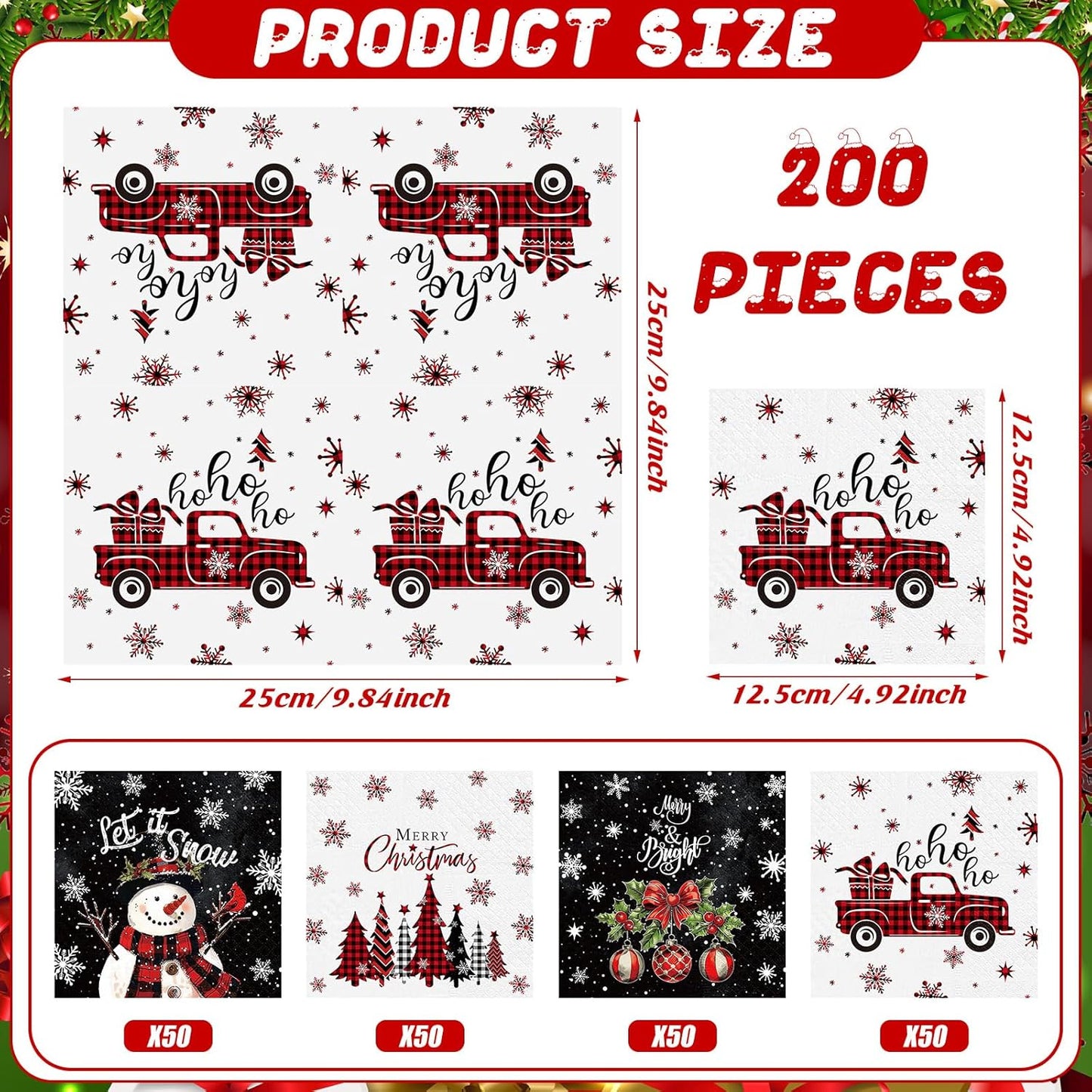 Janlaugh 200 Pcs Christmas Paper Napkins Disposable Snowman Cocktail Napkins Decoupage 2 Ply Snowflake Dinner Napkins Santa Beverage Napkins for Xmas Winter Table Decor(Black,Snowman)