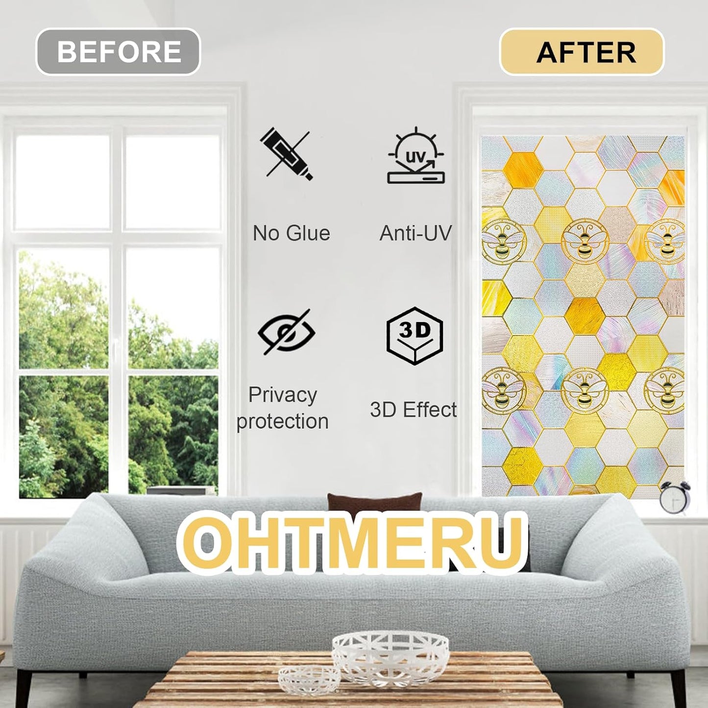 3D Stained Glass Window Privacy Film, Heat Control UV Blocking Static Cling Decorative Window Film for Bathroom,Front Door,Home Non Adhesive,23.6 x 35.4 inches Honey