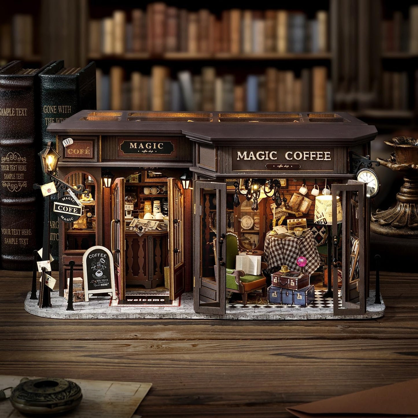 TuKIIE DIY Miniature Dollhouse Kit with Furniture, 1:24 Scale Creative Room Opened & Closed Wooden Doll House Plus Dust Proof for Kids Teens Adults(Vintage Coffee Shop)
