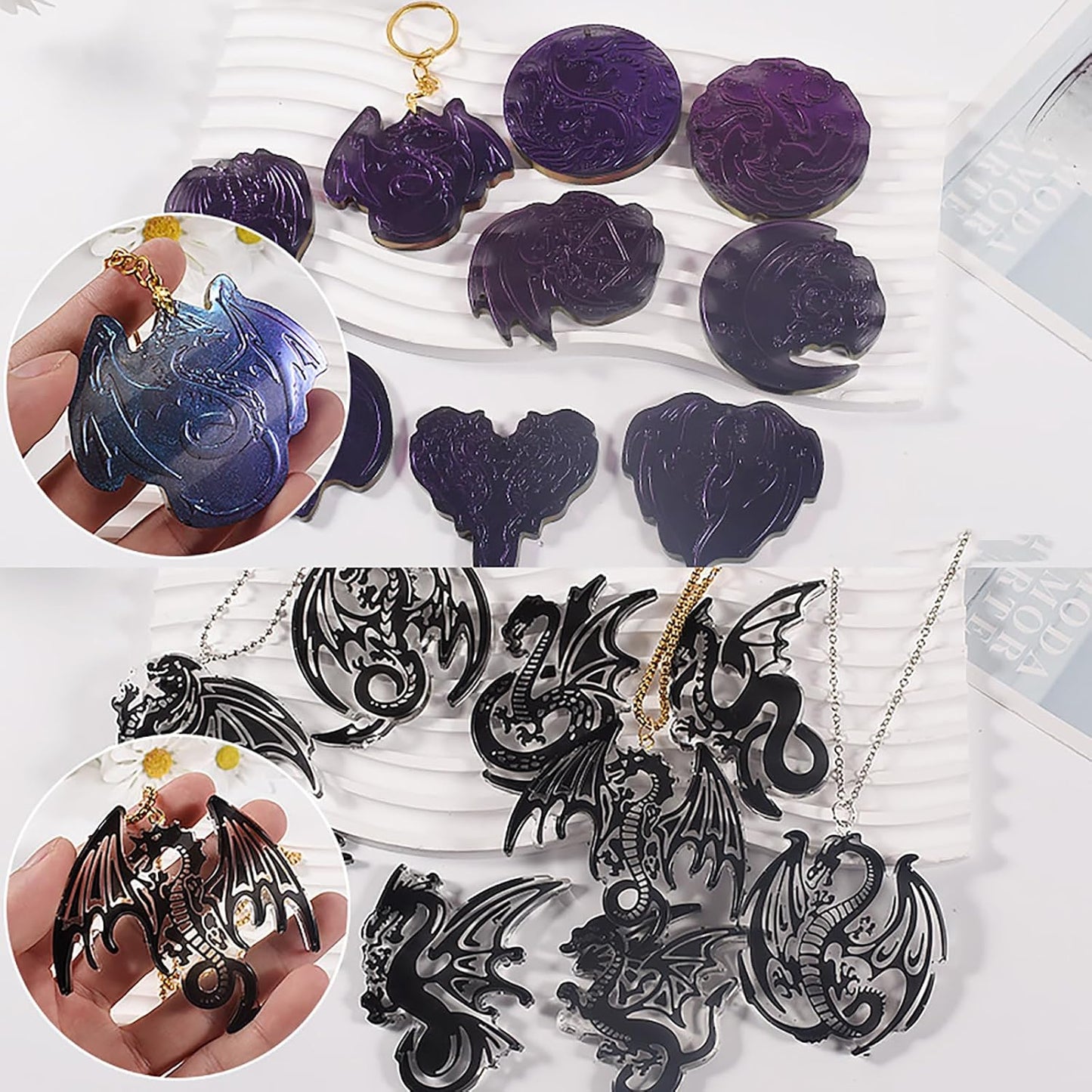 2 Pack Dragon Keychain Resin Mold - 9 Cavities Each - Multiple Style - Pendant - Resin Casting Silicone Molds for Home Decor & Candle Making Wave Spiral Mold